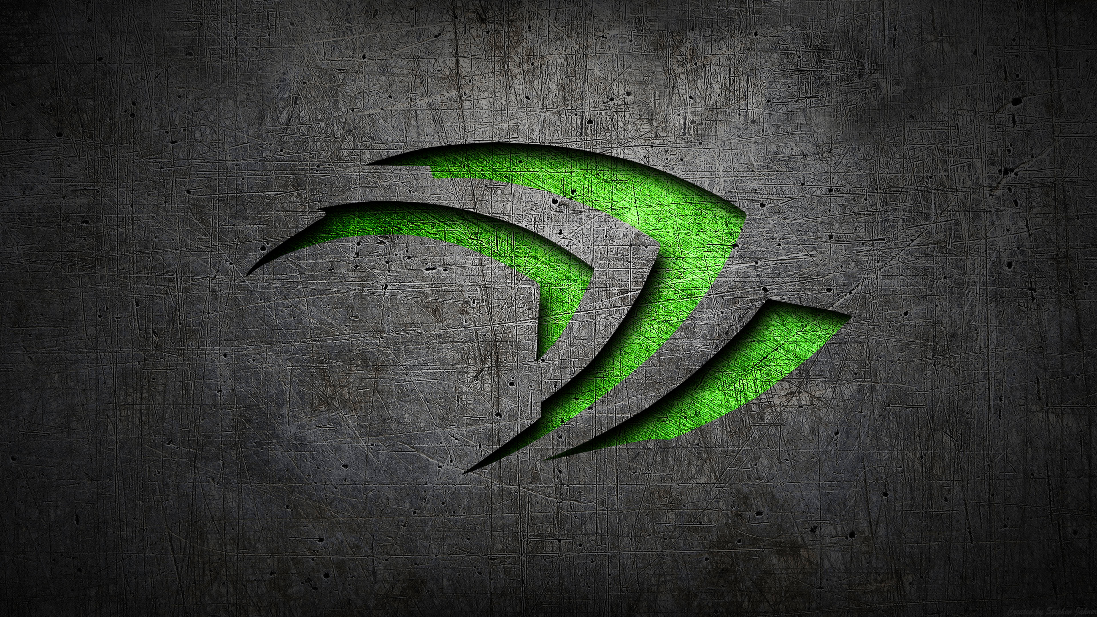 NVIDIA, glowing green, scratched dark metallic surface, 4K Desktop Wallpaper
