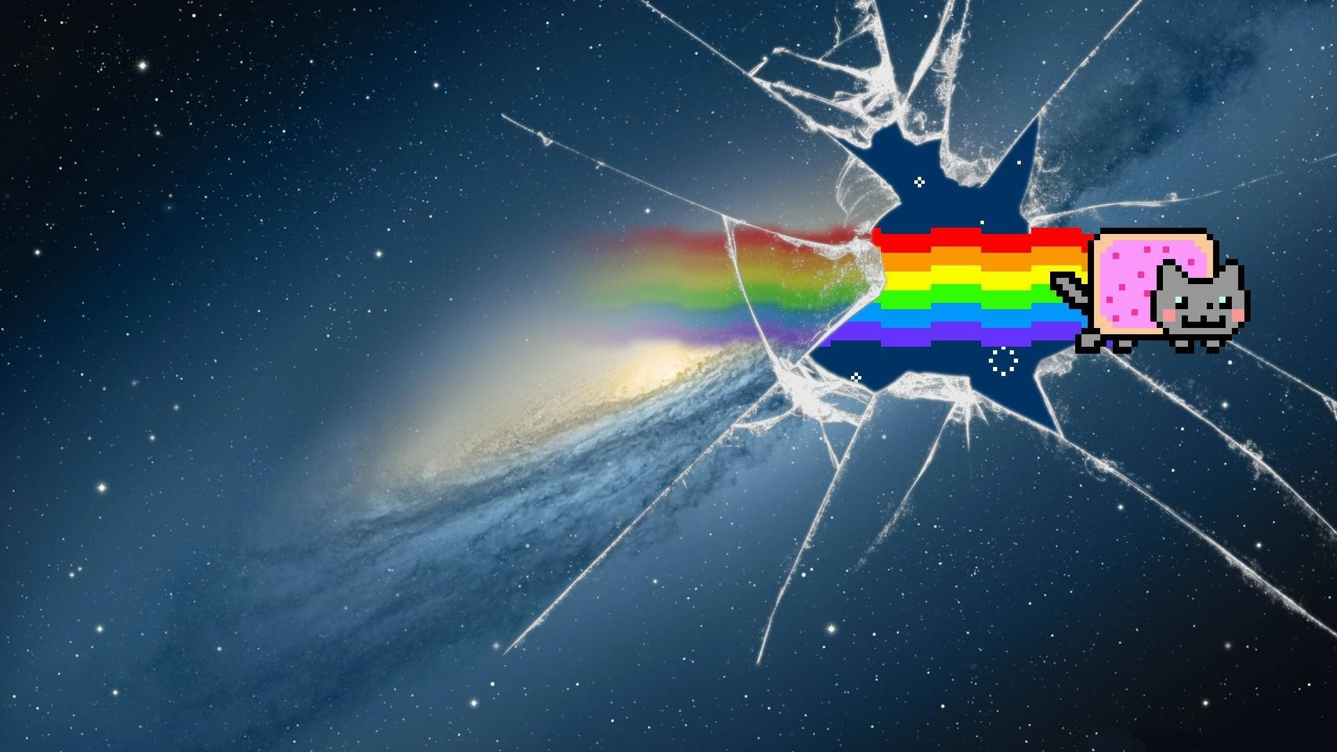 Nyan Cat, rainbow trail, cracked glass effect, Full HD Desktop Wallpaper