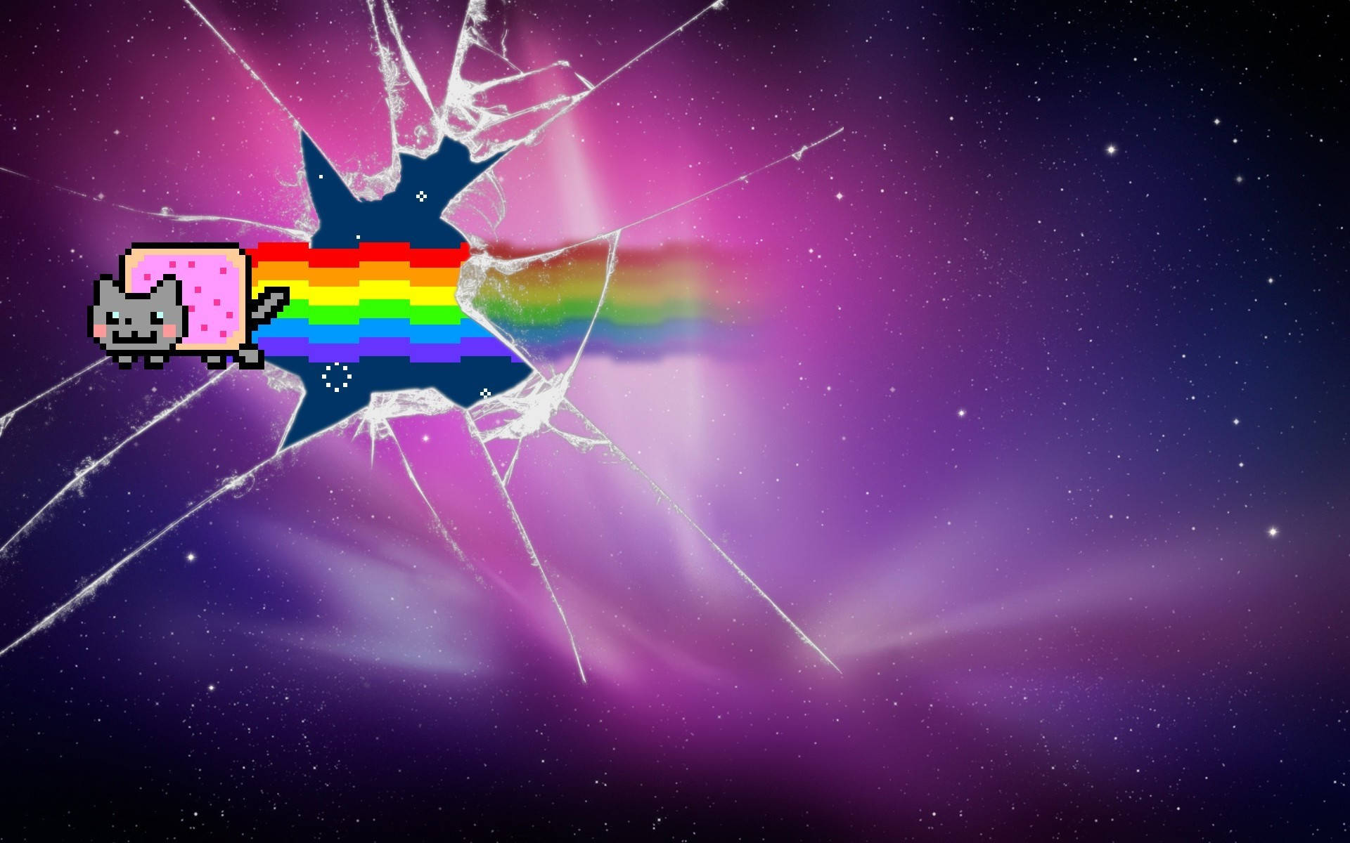 Aurora Nyan Cat, rainbow trail, shattered glass effect, Full HD Desktop Wallpaper