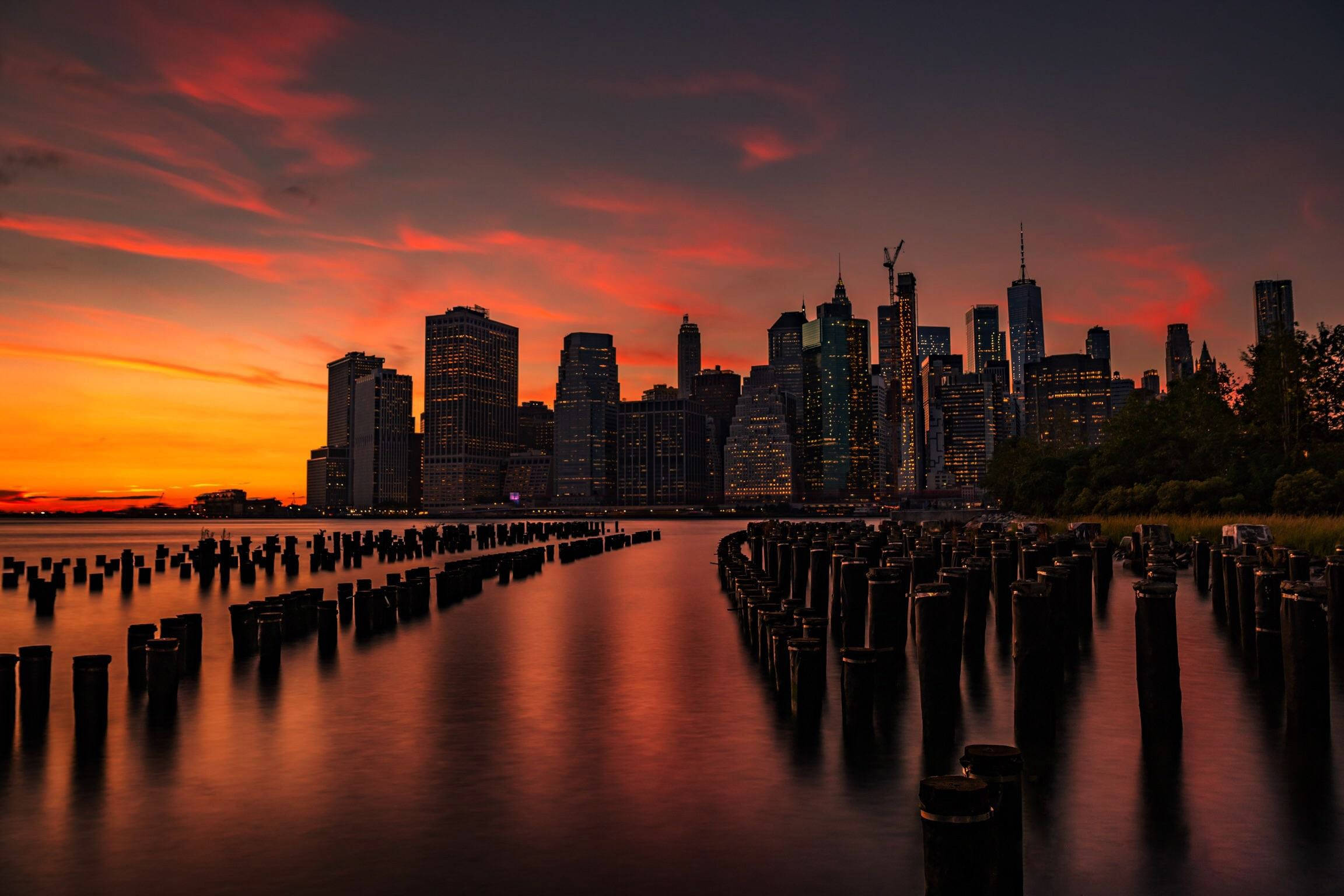 Fiery Sunset, Nyc Aesthetic, city skyline, Full HD Desktop Wallpaper