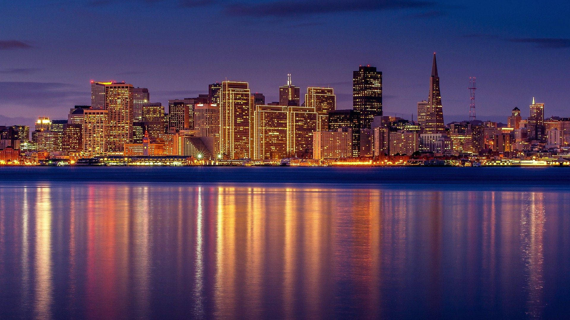 twilight cityscape, illuminated skyscrapers, calm water, Full HD Desktop Wallpaper