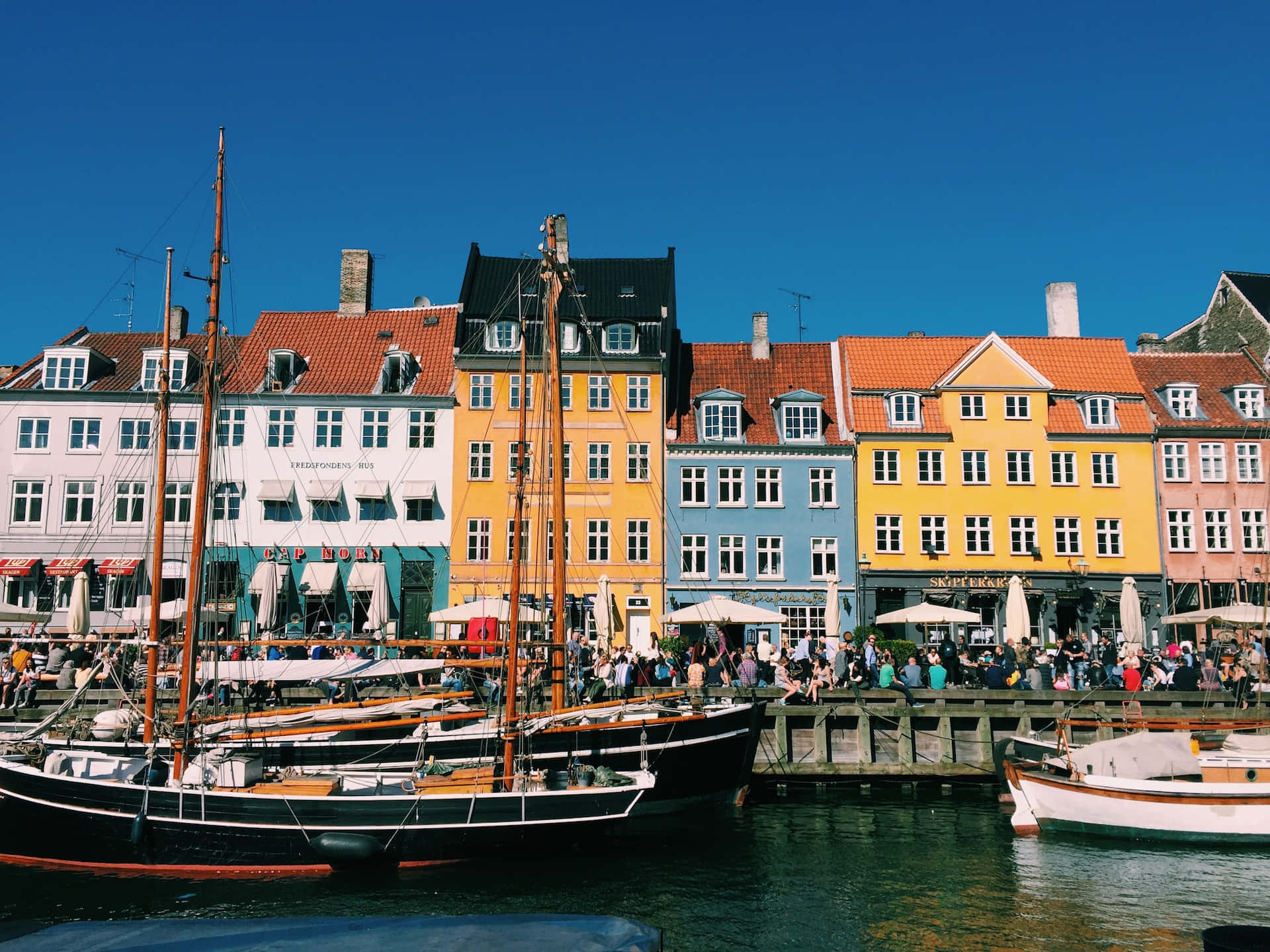 Nyhavn, port, sunny waterfront area, Full HD Desktop Wallpaper