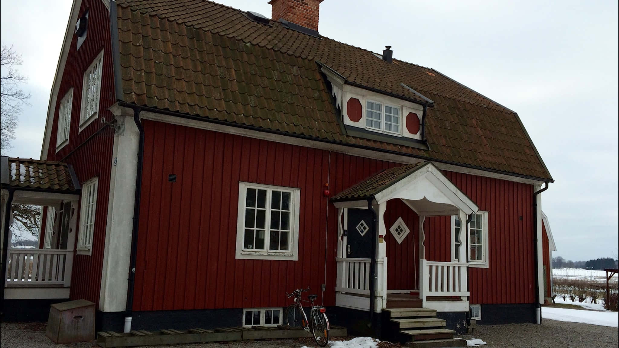 traditional red swedish house, Nyköping, white trim, Full HD Desktop Wallpaper