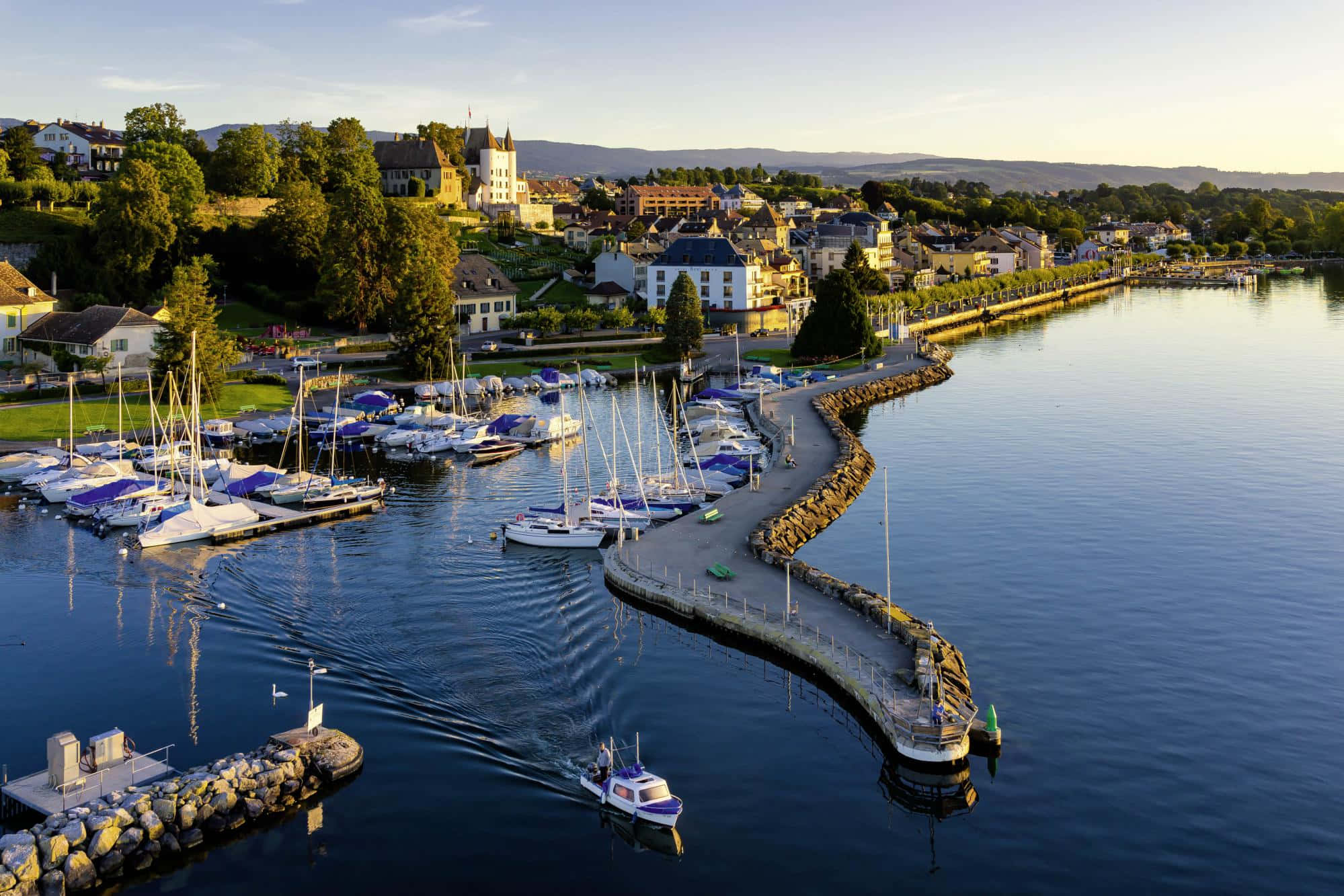Nyon Switzerland, lakeside view, golden hour, Full HD Desktop Wallpaper