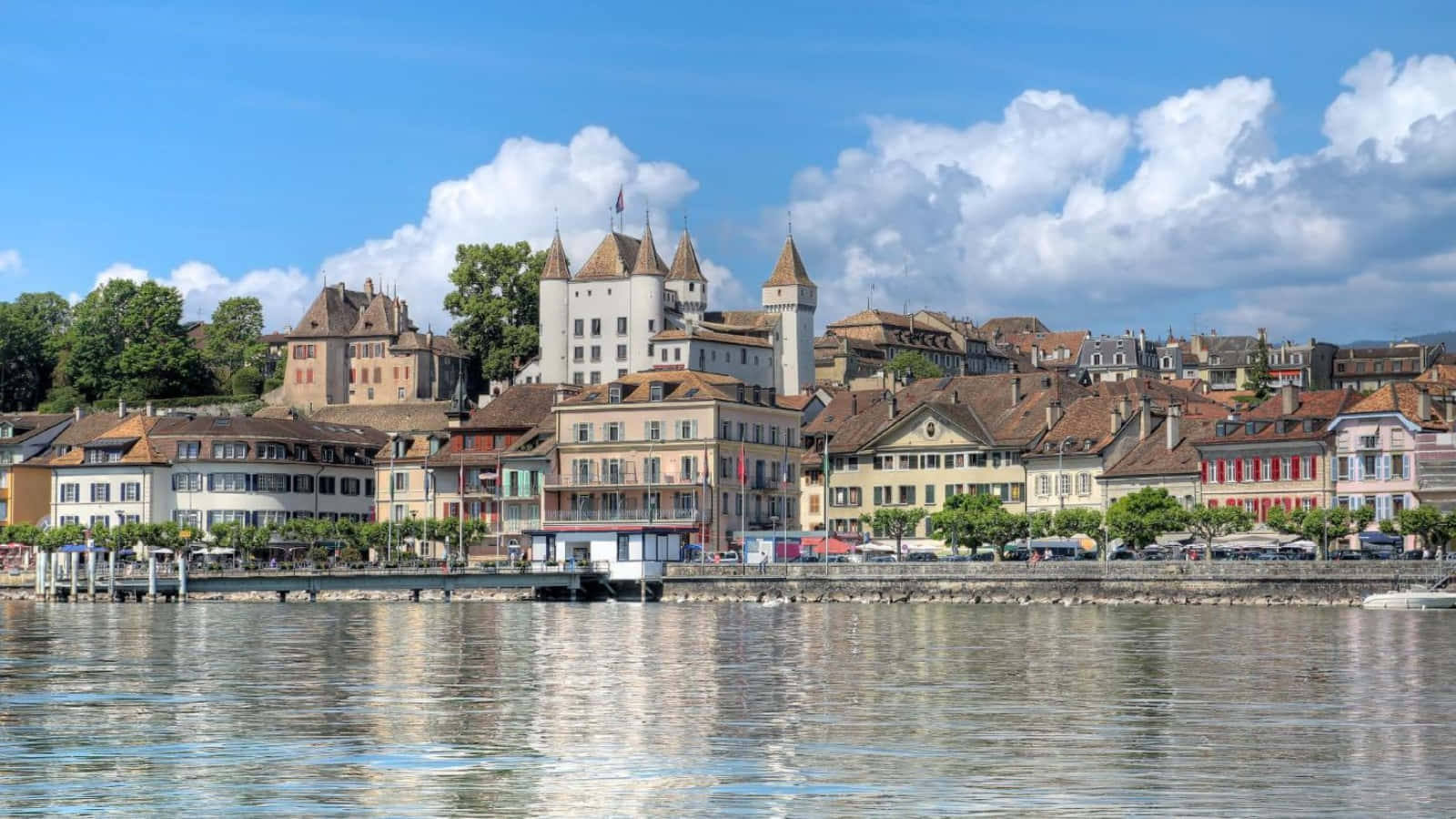 Nyon Switzerland, lakeside view, historic castle towers, HD Desktop Wallpaper
