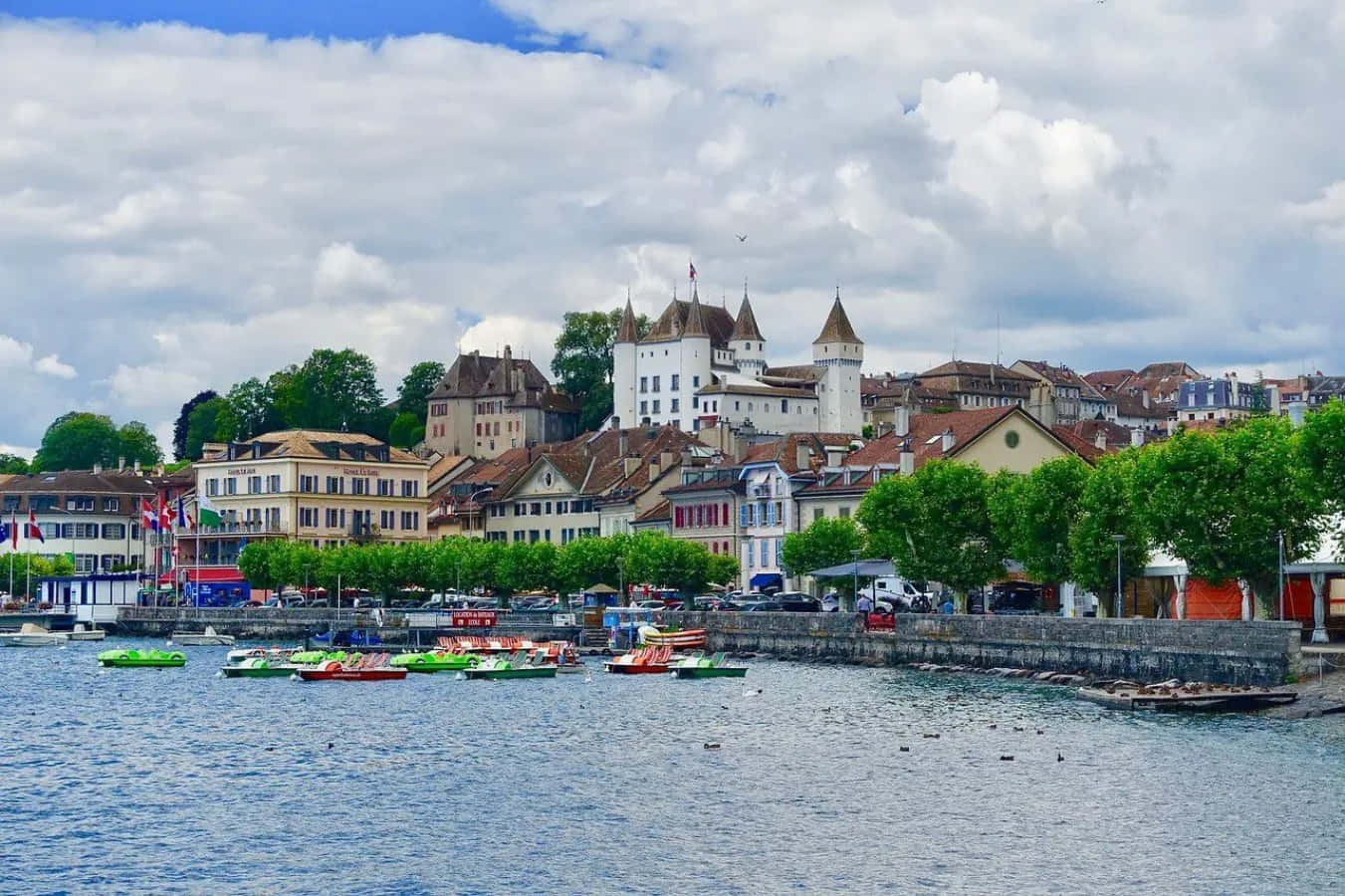 Nyon Switzerland, lakeside view, paddle boats, HD Desktop Wallpaper