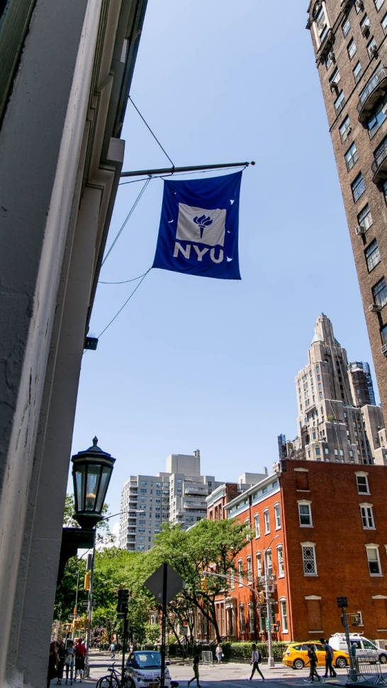 NYU, blue NYU flag, tall city buildings, SD Phone Wallpaper