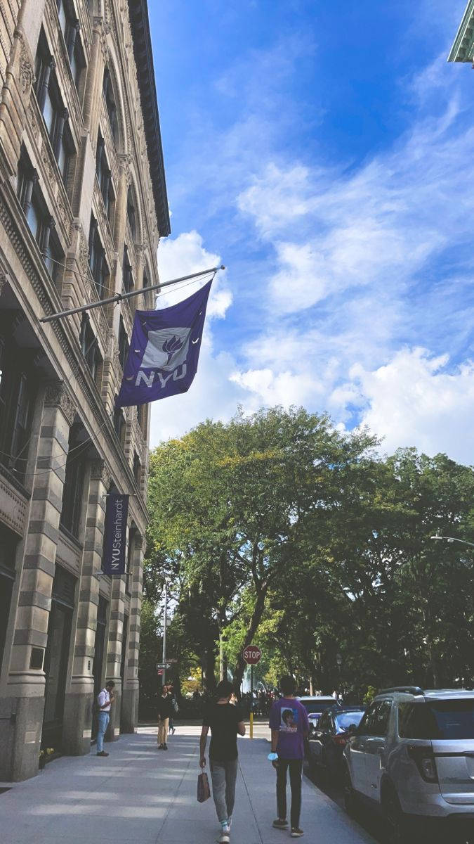 NYU, purple NYU flag, historic stone building, SD Phone Wallpaper