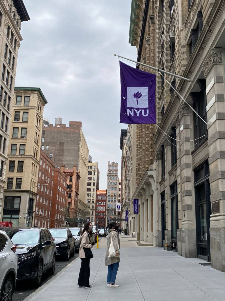 NYU, purple NYU flag, historic stone building, SD Phone Wallpaper