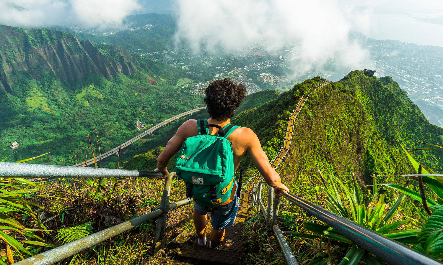 Oahu, mountains, metal staircase, HD Desktop Wallpaper