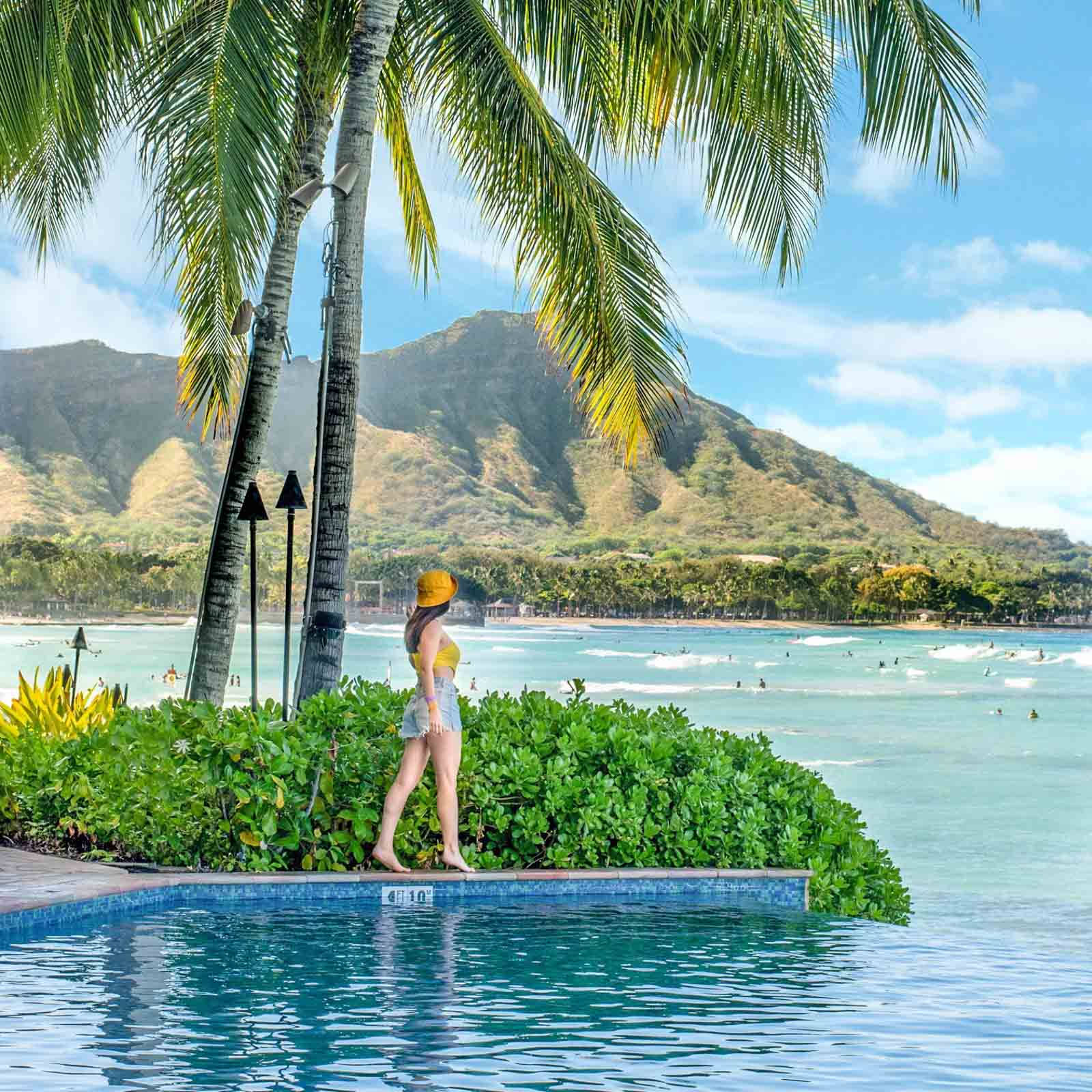 Oahu, infinity pool, turquoise ocean, HD Desktop Wallpaper