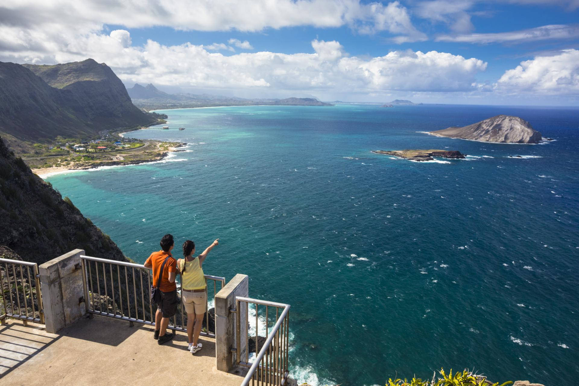 Oahu, turquoise ocean, cliffside overlook, Full HD Desktop Wallpaper