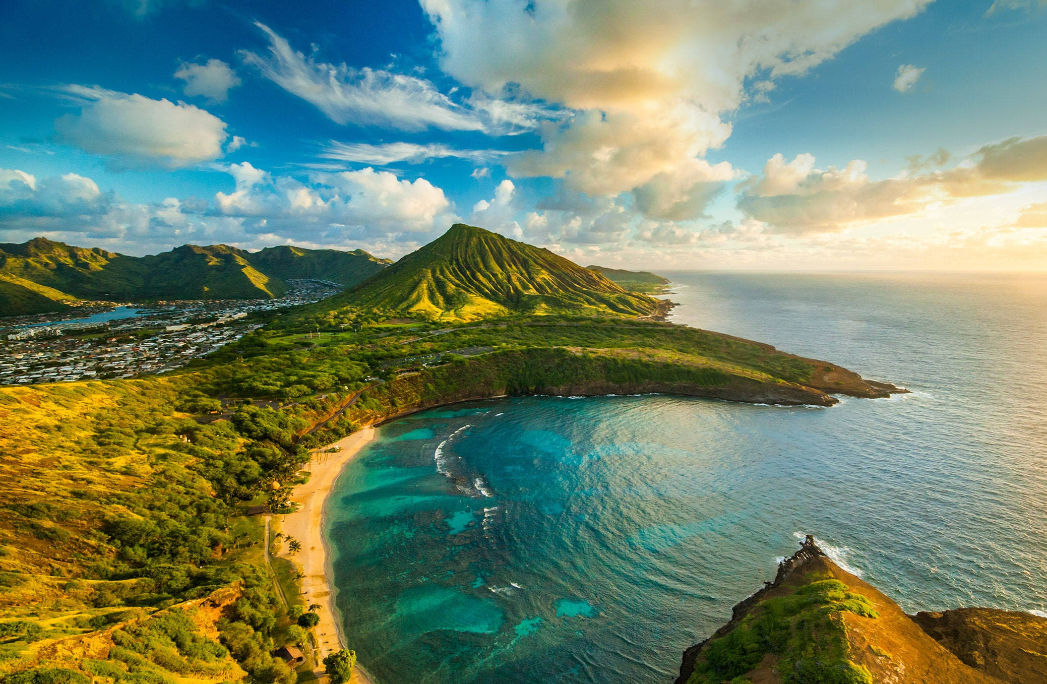 Oahu, volcanic cone, turquoise bay, Full HD Desktop Wallpaper