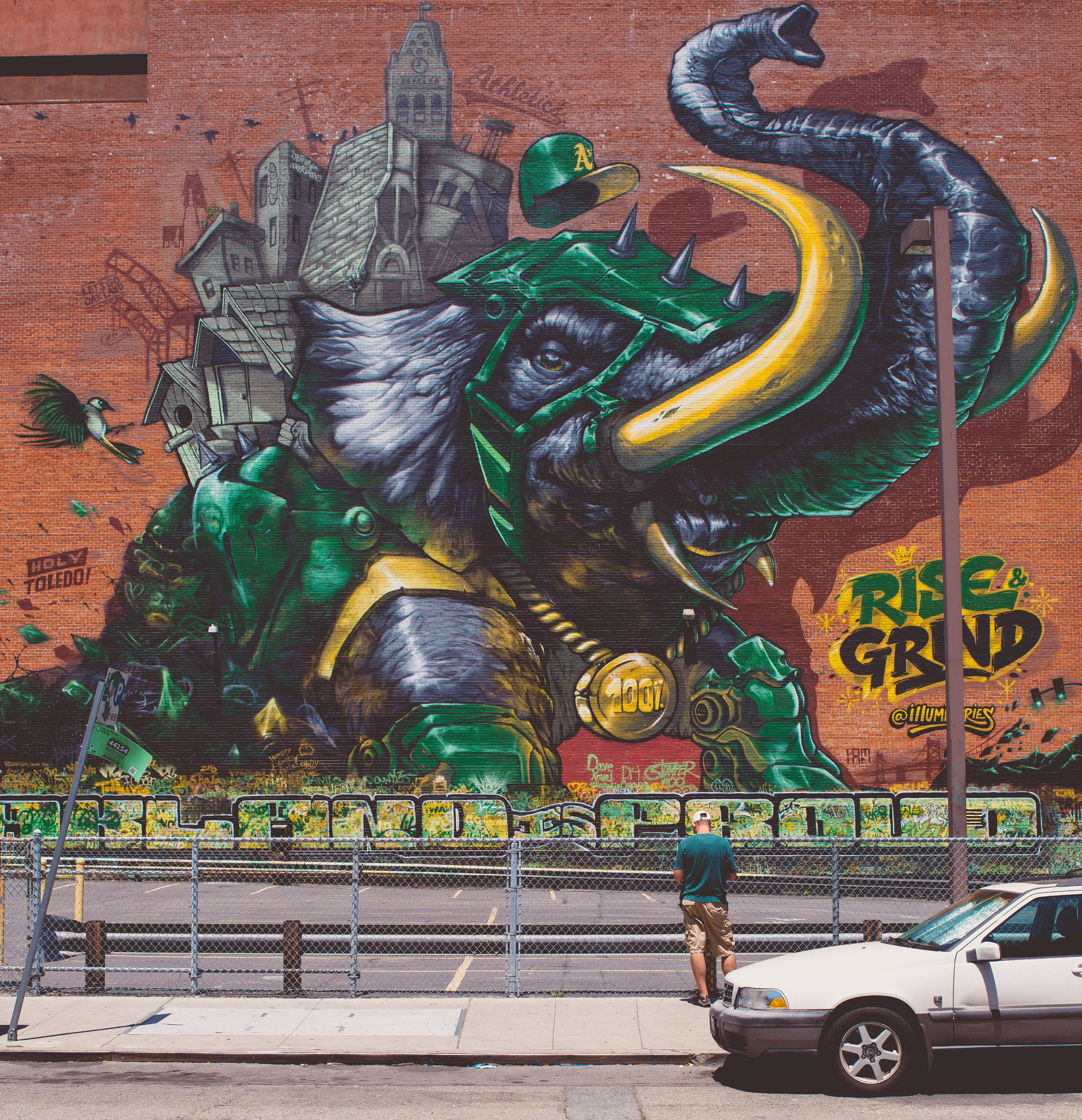 Oakland Athletics, elephant graffiti, green armored elephant, 4K Phone Wallpaper