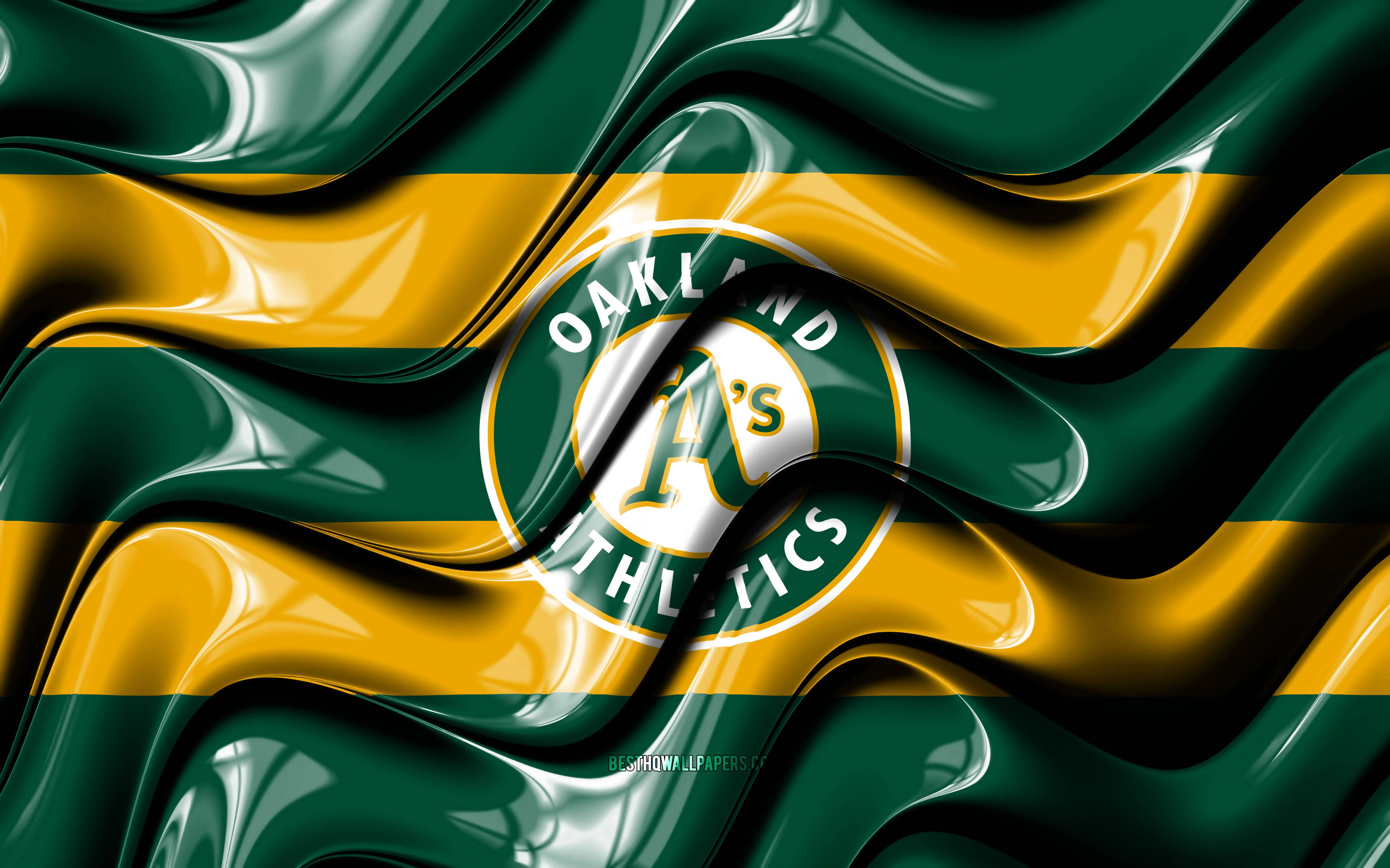 Oakland Athletics, wavy liquid, green yellow stripes, 4K Desktop Wallpaper