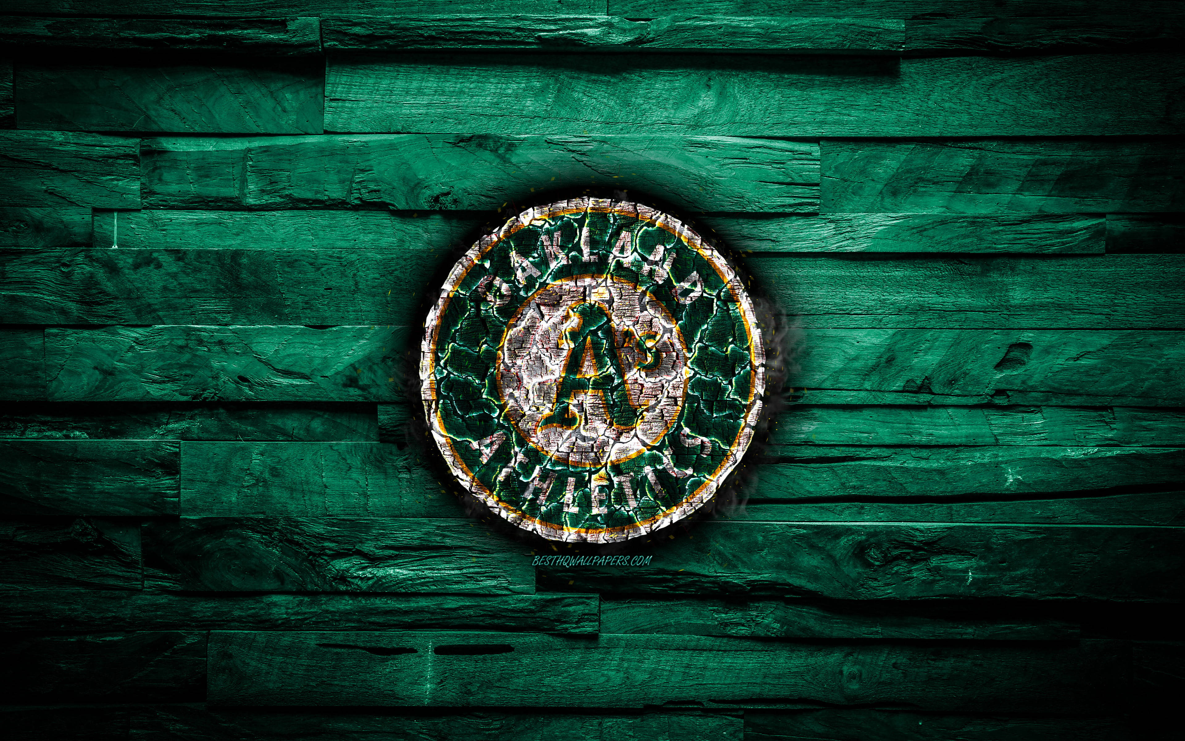 Oakland Athletics, brick wall, dark green wooden plank wall, 4K Desktop Wallpaper