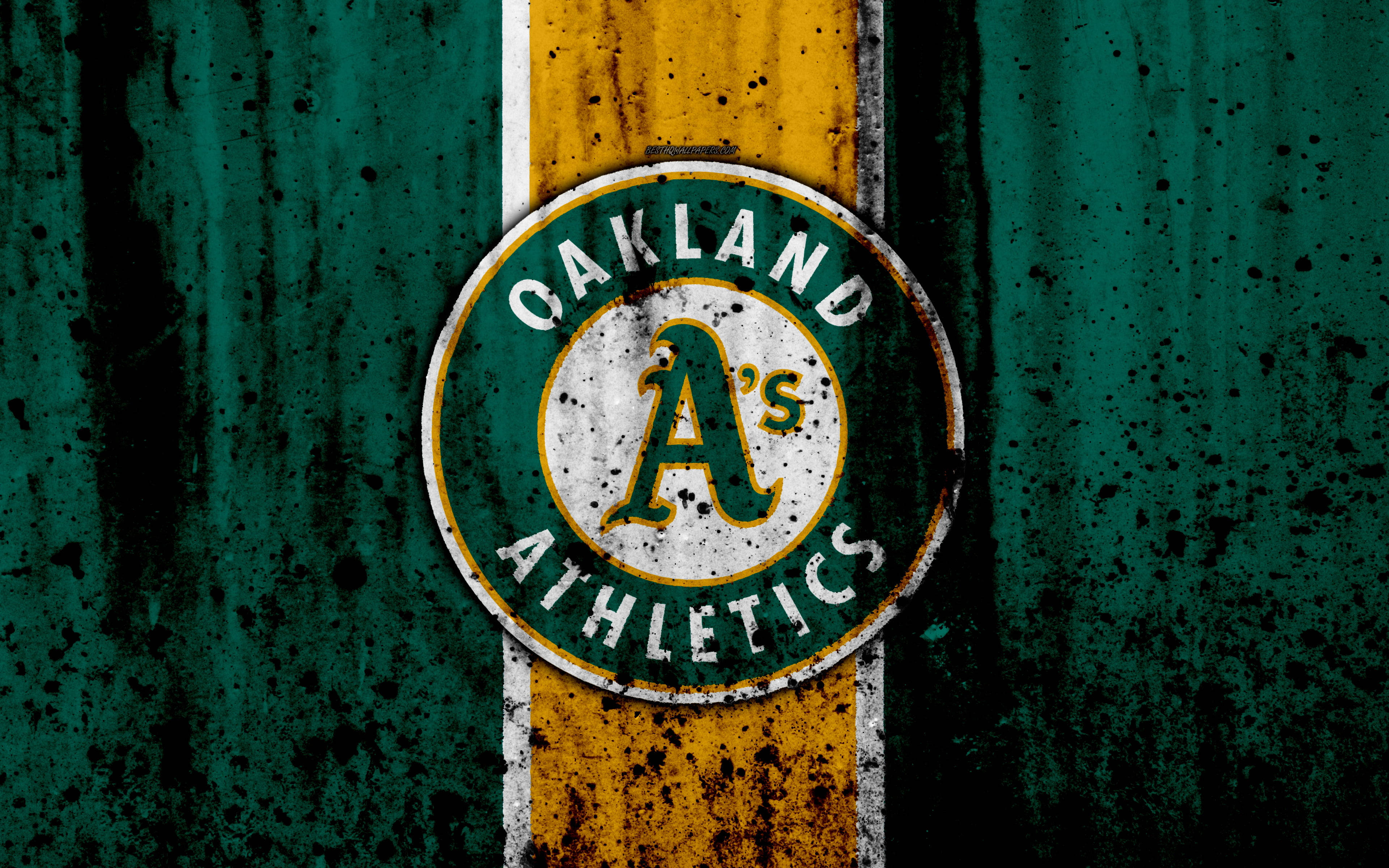 Oakland Athletics, green and gold striped background, gritty texture, 4K Desktop Wallpaper