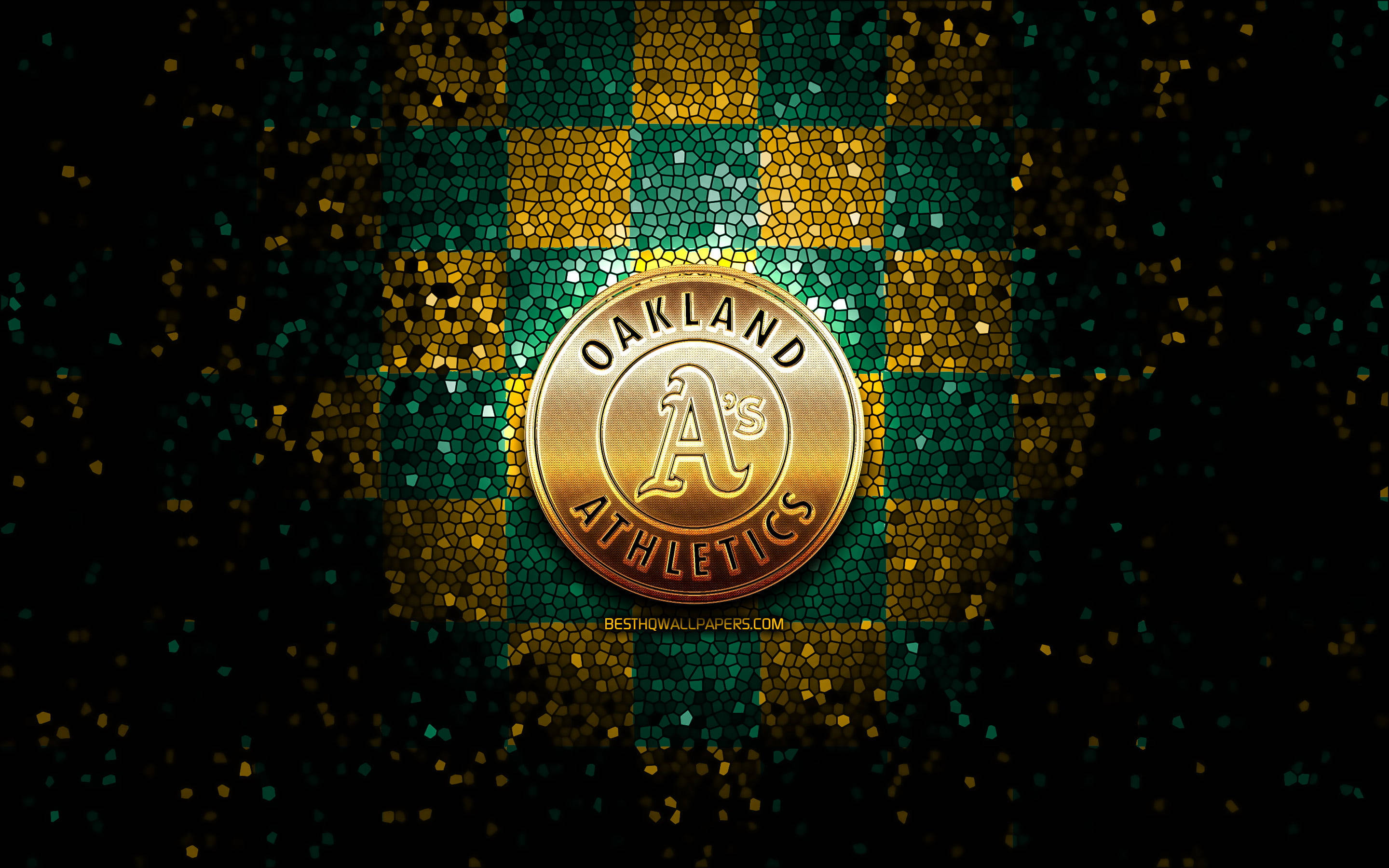 Oakland Athletics, golden Oakland Athletics logo, sparkling green and gold mosaic background, 2K Desktop Wallpaper