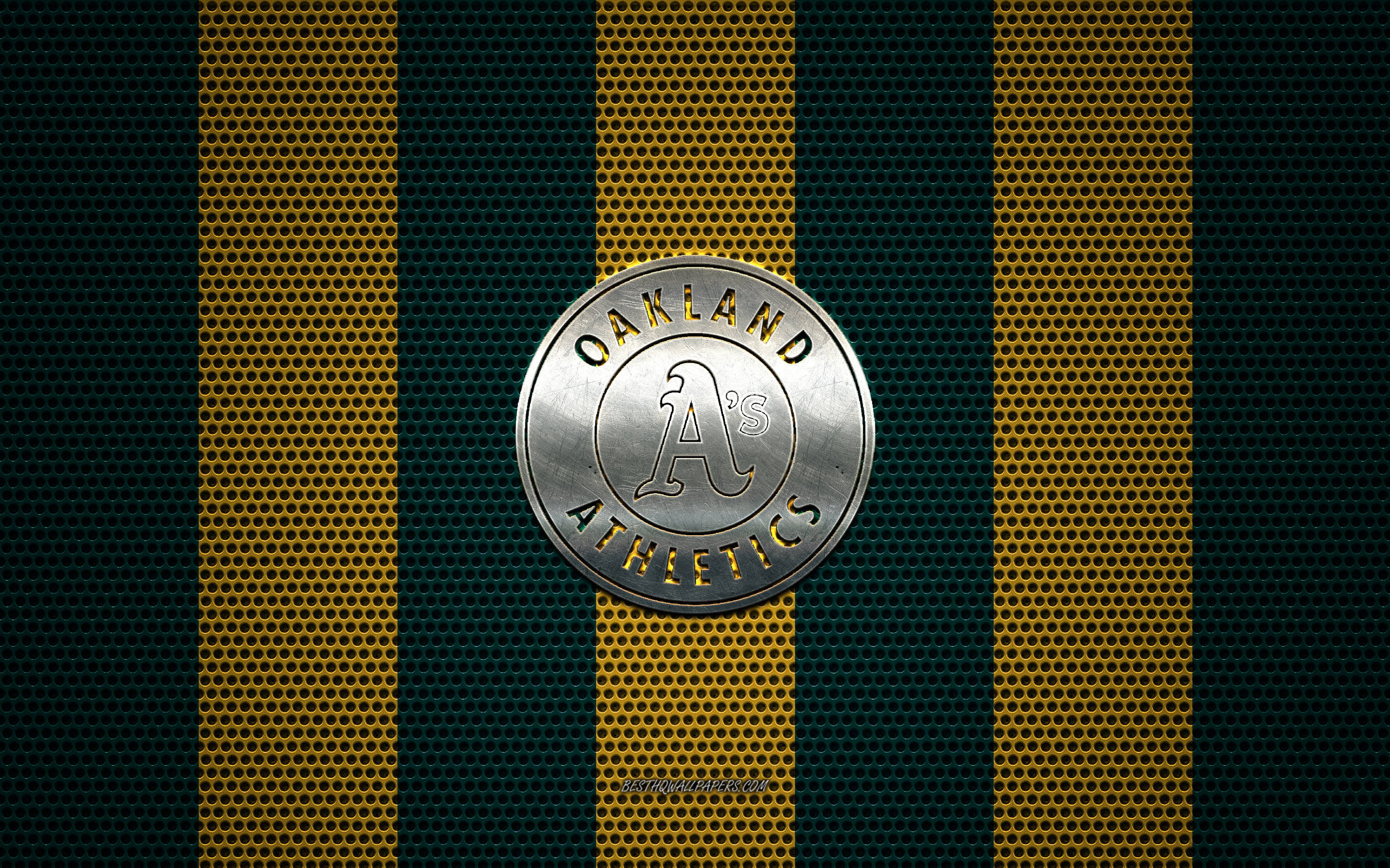 Oakland Athletics, silver logo, dark green and gold striped perforated background, 2K Desktop Wallpaper