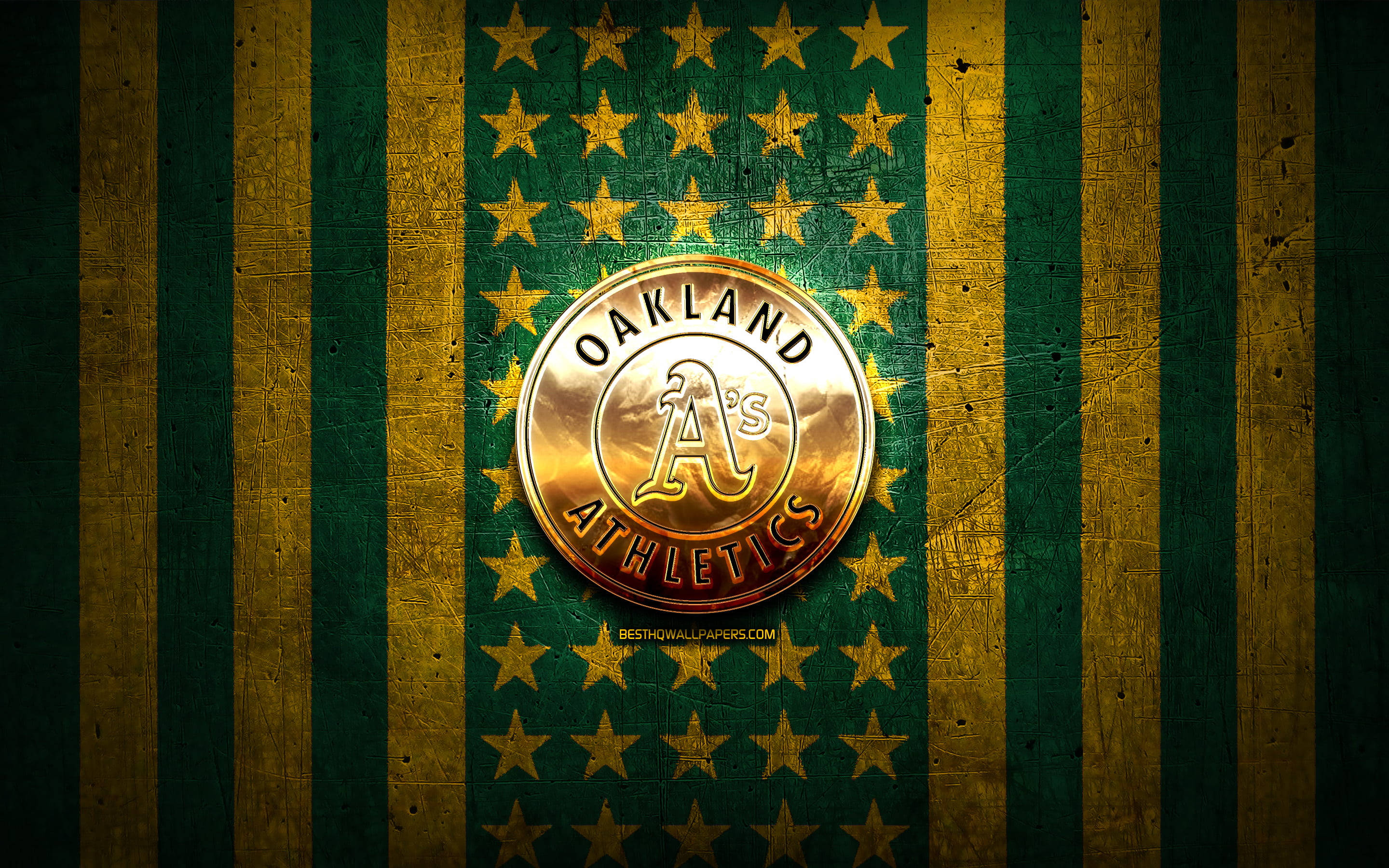 Oakland Athletics, golden national flag, vintage Oakland Athletics logo, 2K Desktop Wallpaper