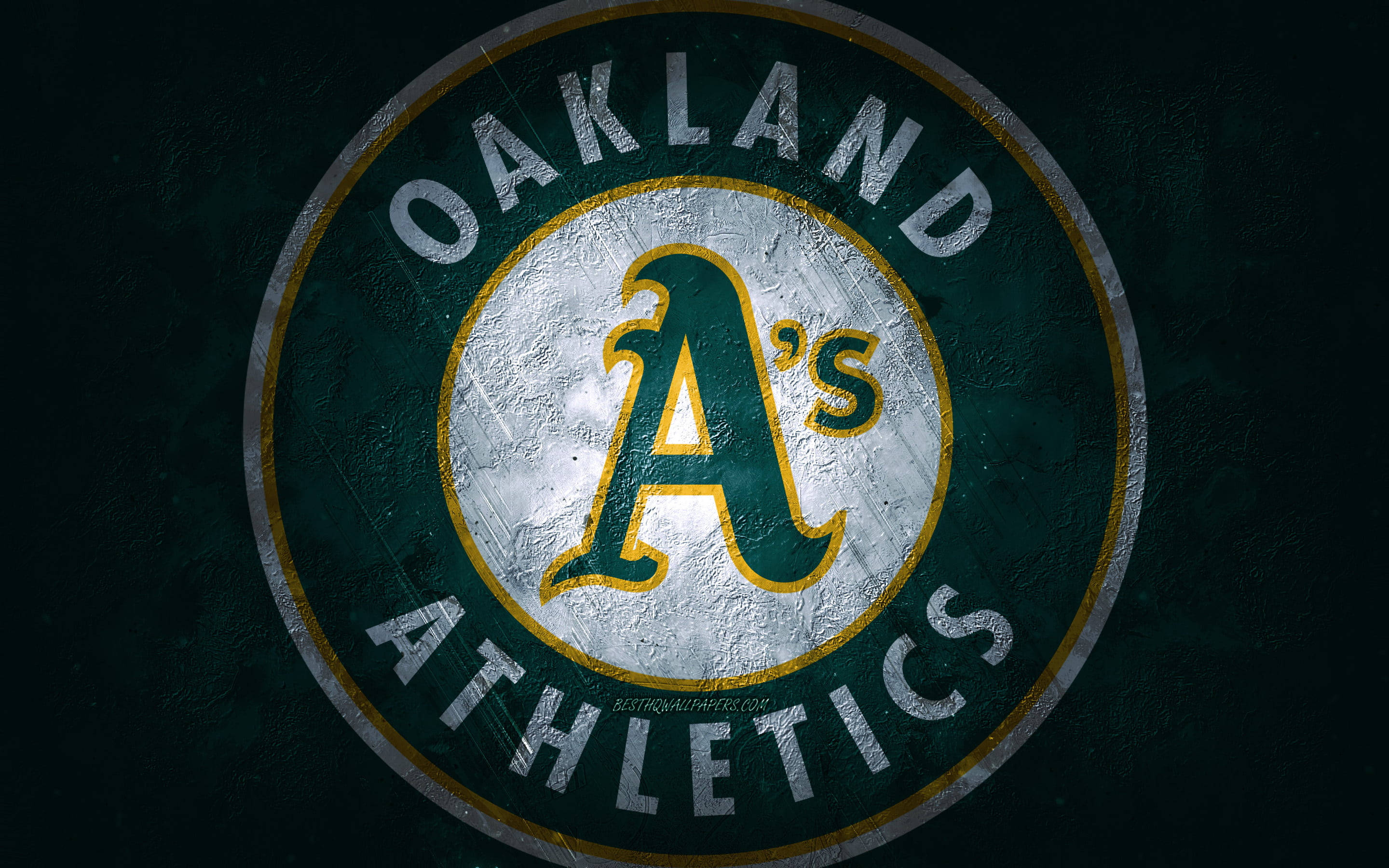 Oakland Athletics, green yellow and white colors, dark textured background, 2K Desktop Wallpaper