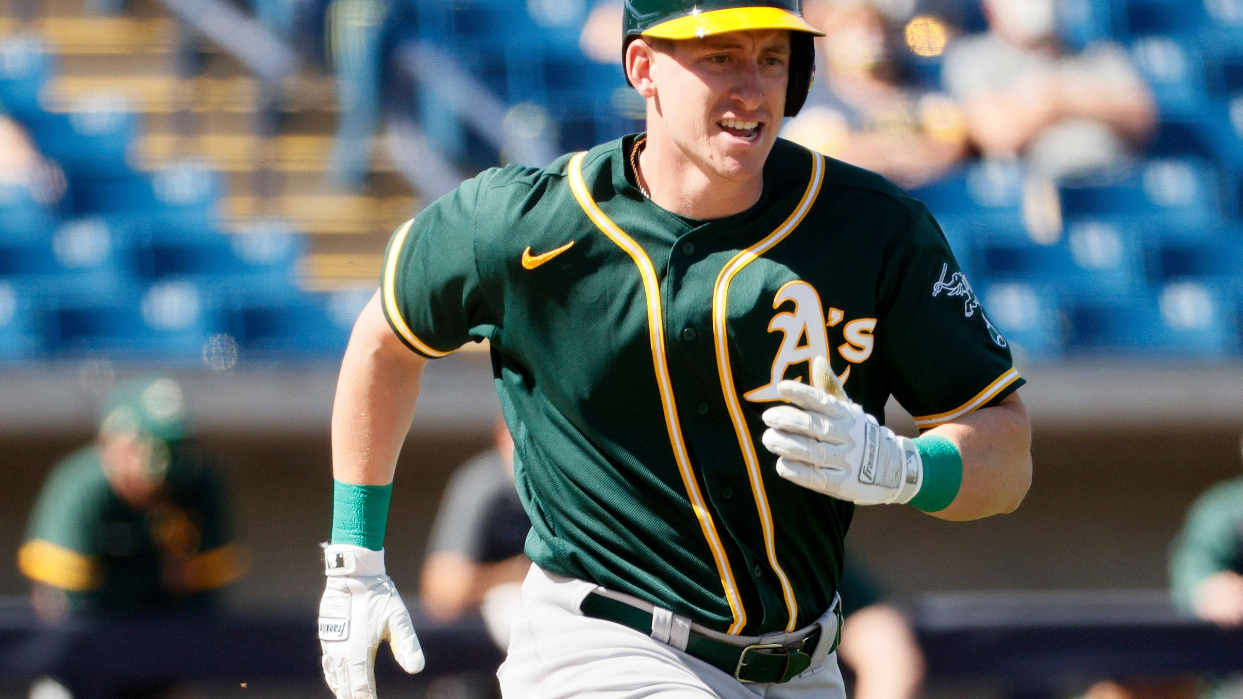 Oakland Athletics, green and gold uniform, sunlit stadium, 2K Desktop Wallpaper