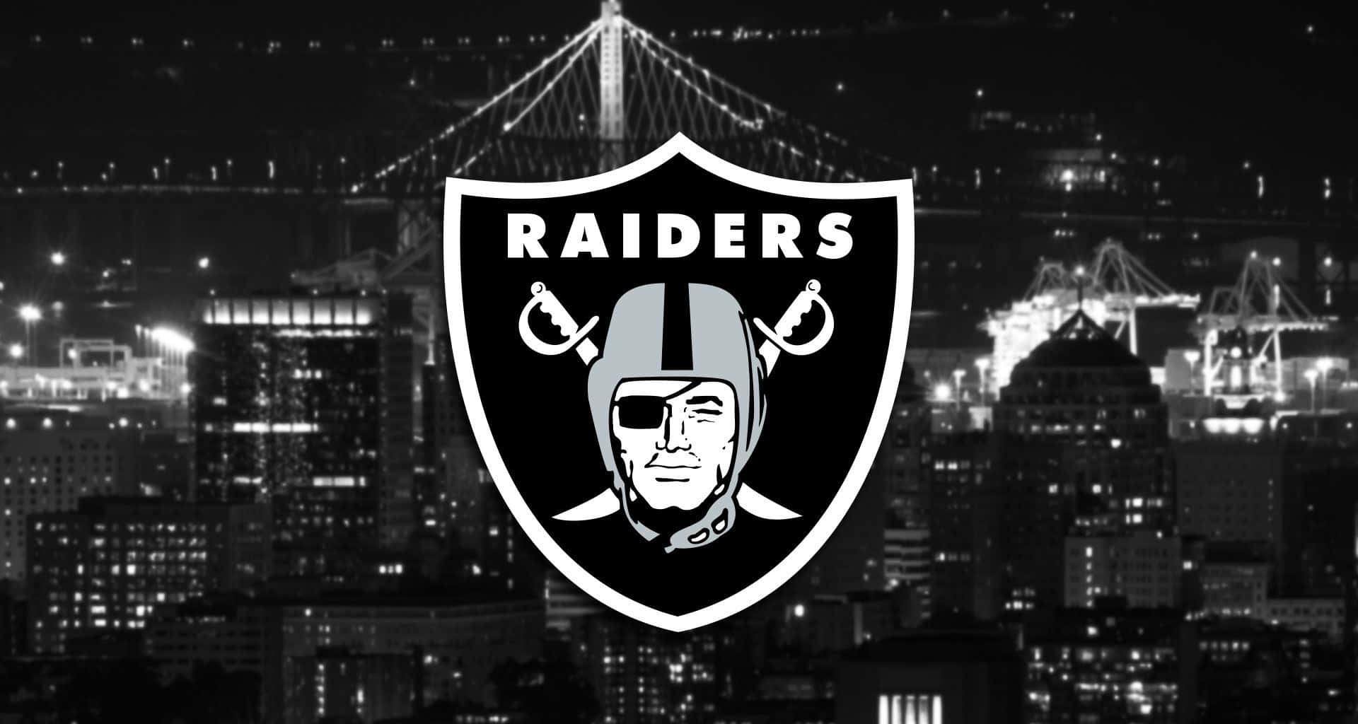 Oakland Raiders, black and white Raiders logo, nighttime cityscape, Full HD Desktop Wallpaper