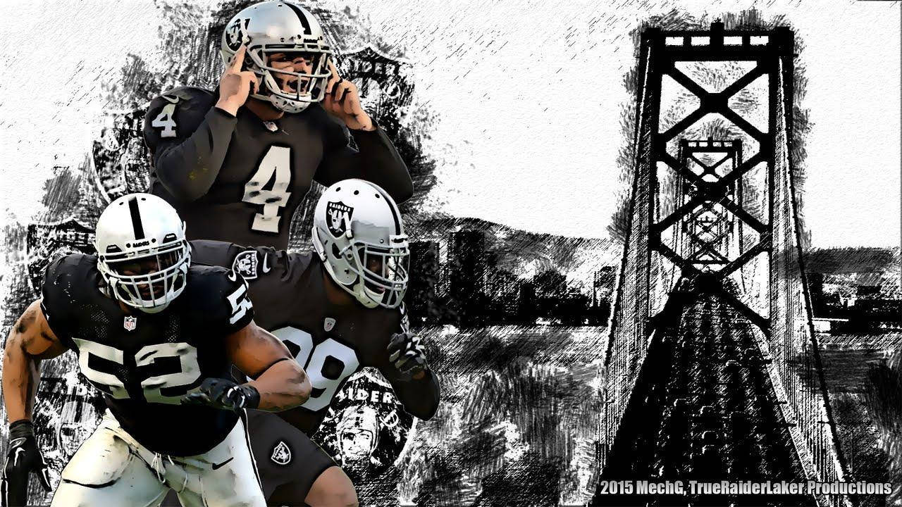 Oakland Raiders, black and silver gear, stylized black and white bridge backdrop, HD Desktop Wallpaper