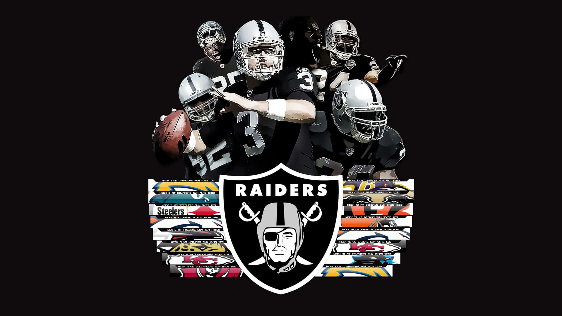 Oakland Raiders, black and silver gear, team logos, Full HD Desktop Wallpaper