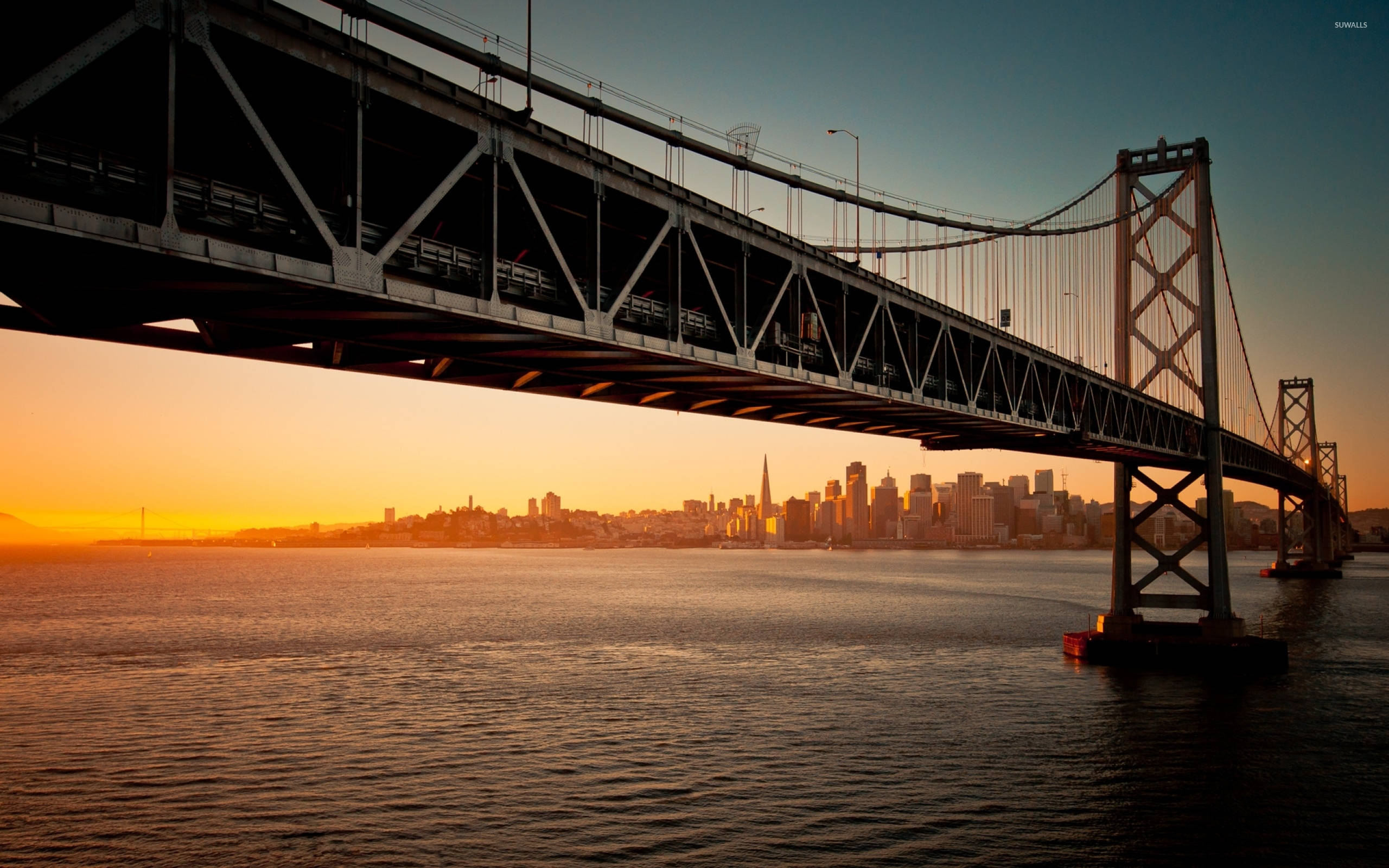 sunset, Oakland skyline, suspension bridge, 2K Desktop Wallpaper