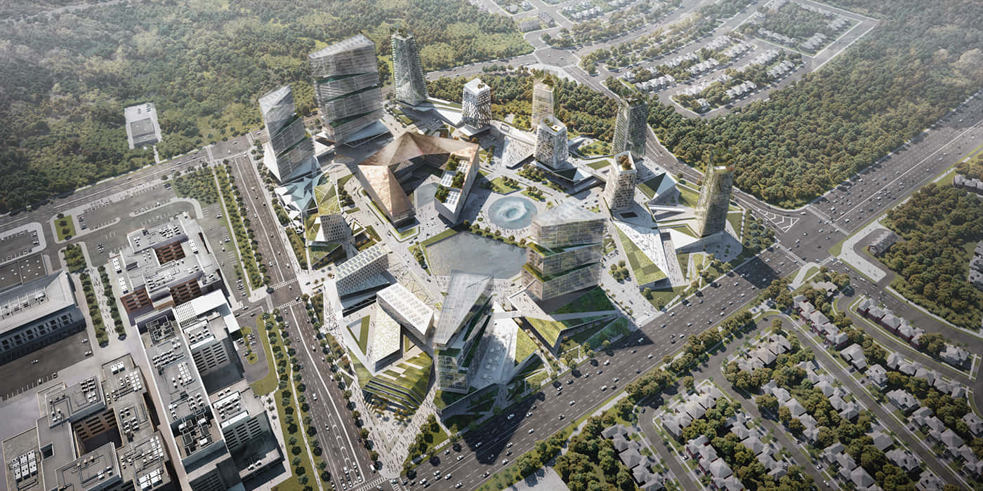 Oakville, futuristic glass skyscrapers, green rooftops, HD Desktop Wallpaper