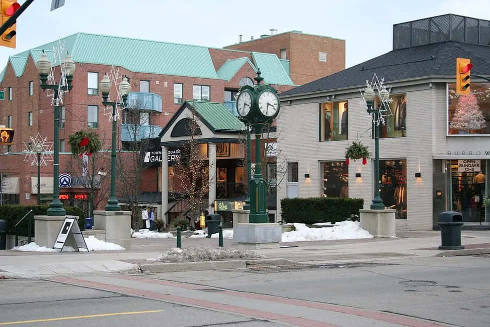 Oakville, green clock tower, brick buildings, SD Desktop Wallpaper