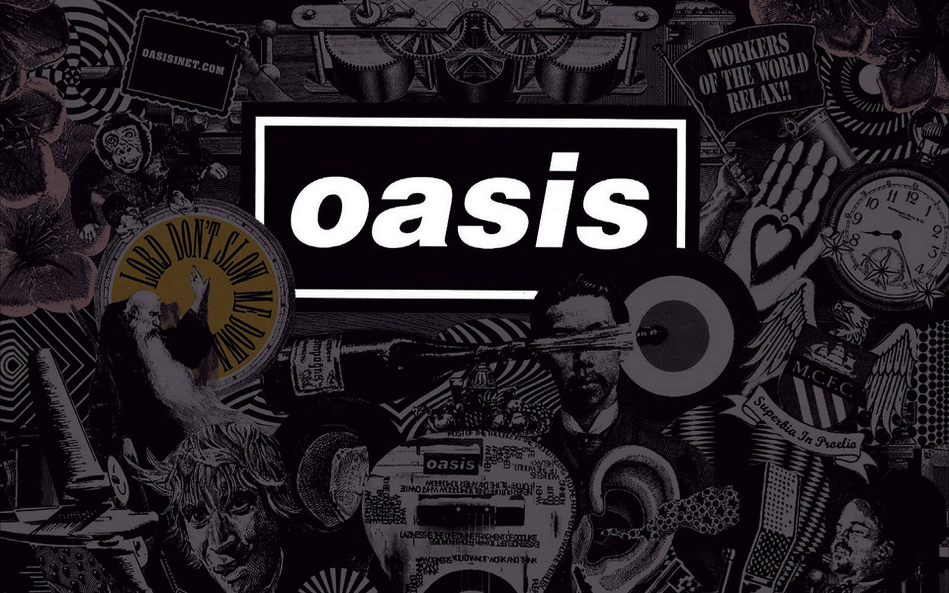Oasis, vintage rock memorabilia, band imagery, Full HD Desktop Wallpaper