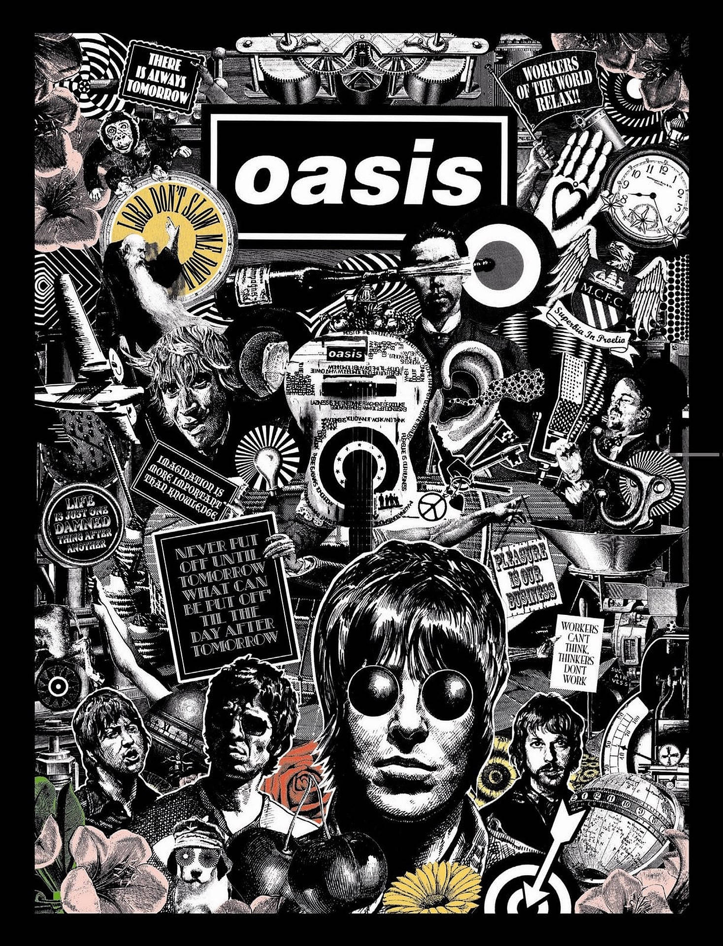Oasis, black and white collage, clocks, Full HD Phone Wallpaper