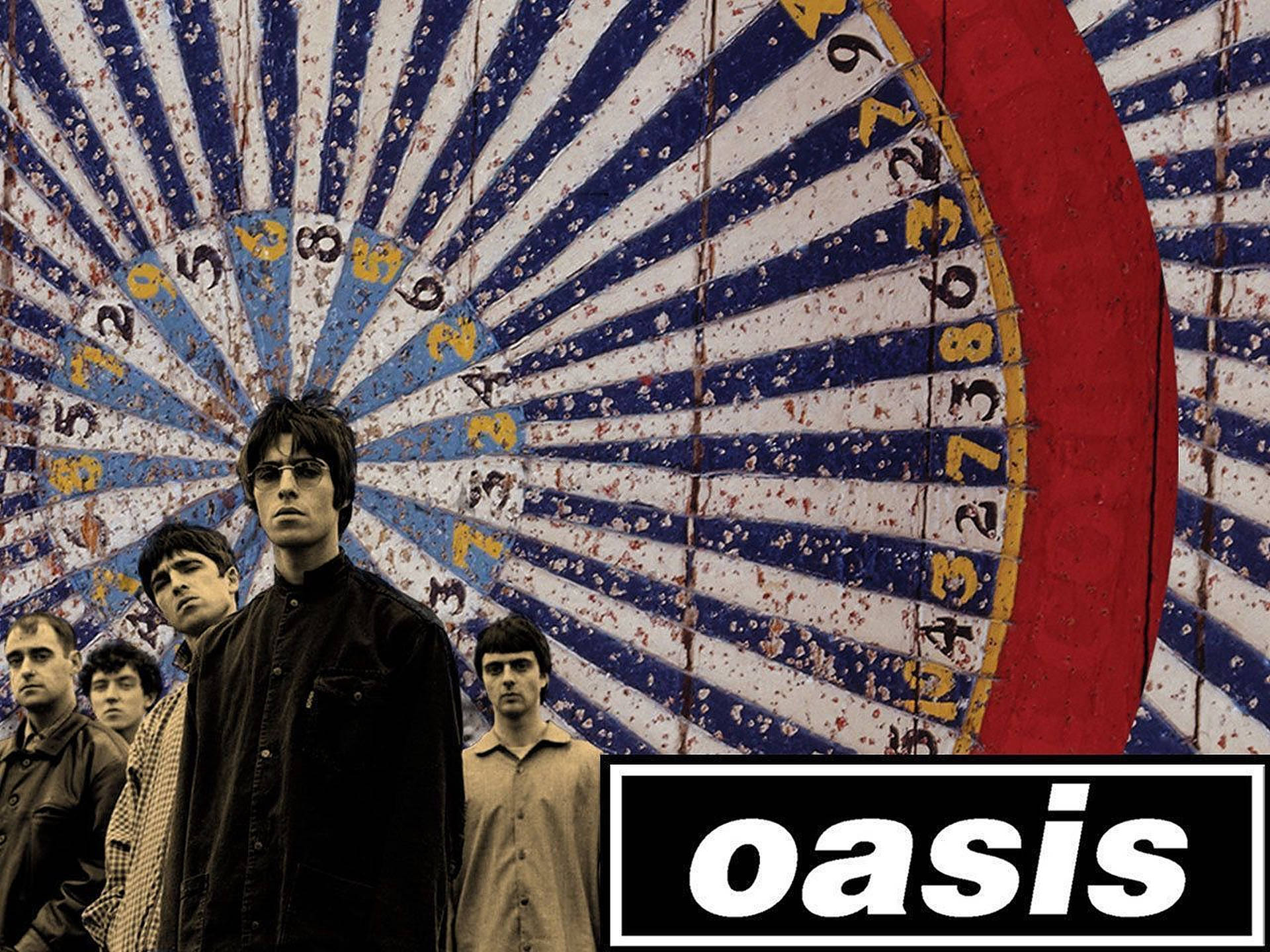 Oasis, dartboard wall, blue white and red, Full HD Desktop Wallpaper