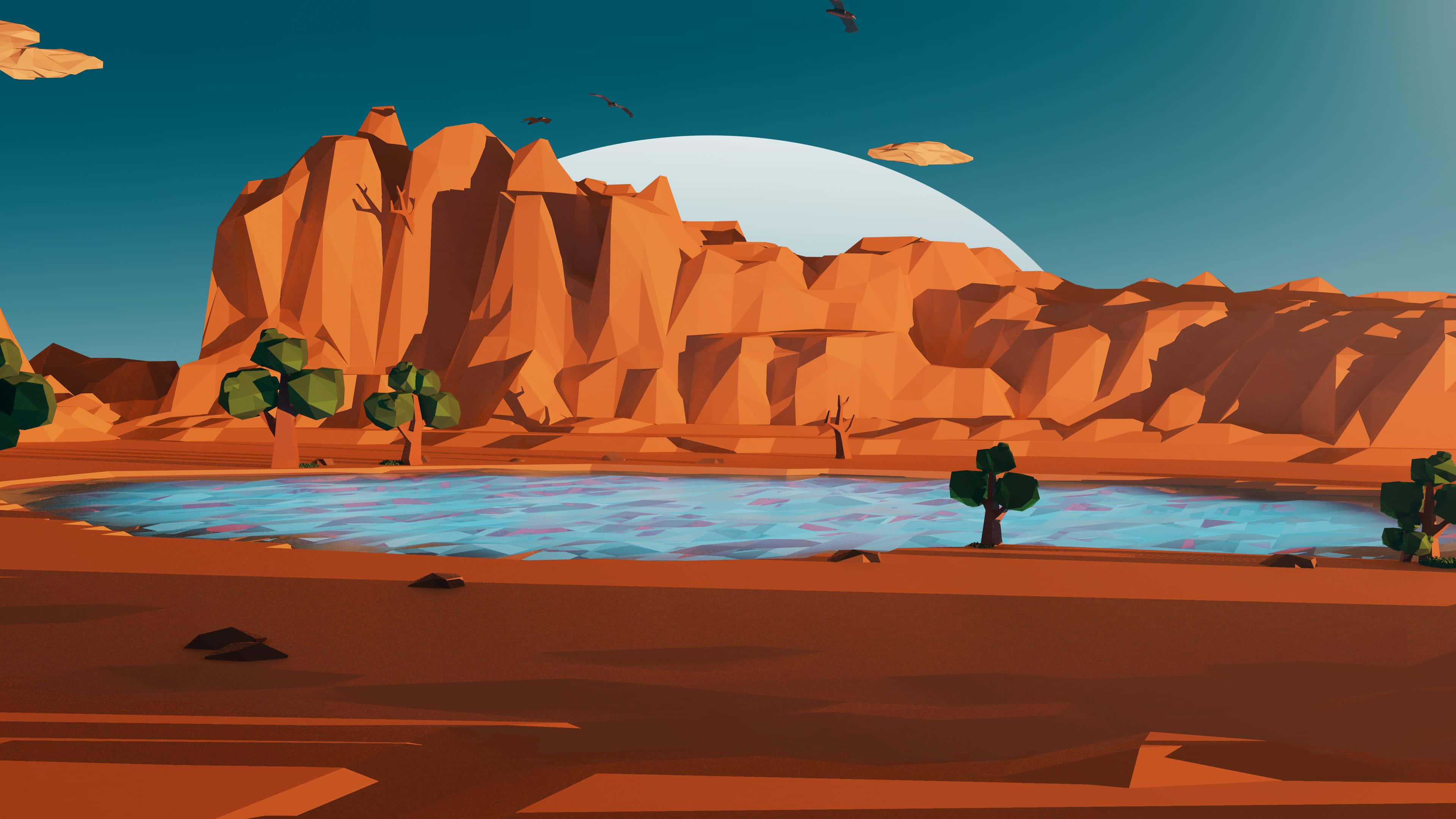 Desert Oasis, turquoise oasis, orange rock formations, 4K Desktop Wallpaper