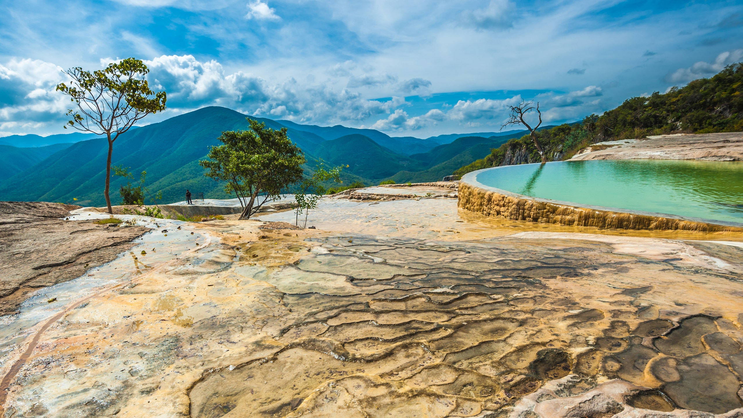 Oaxaca, turquoise mineral pool, rocky canyon, 2K Desktop Wallpaper