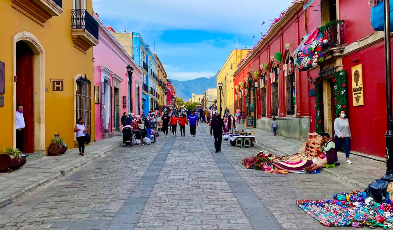 Oaxaca, cobblestone street, colorful colonial buildings, HD Desktop Wallpaper