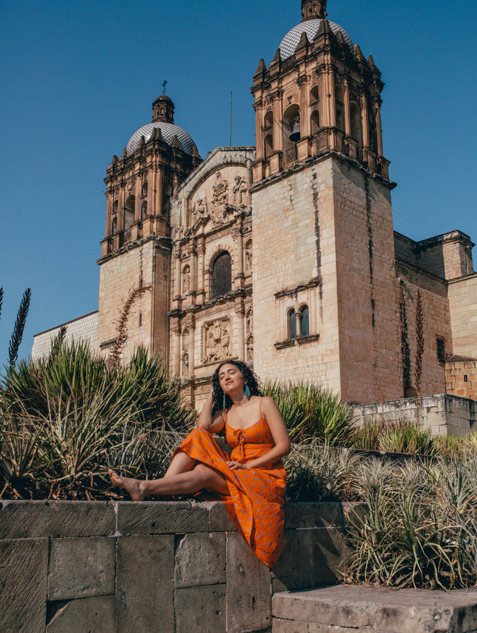 Oaxaca, cathedral, vibrant orange dress, SD Phone Wallpaper