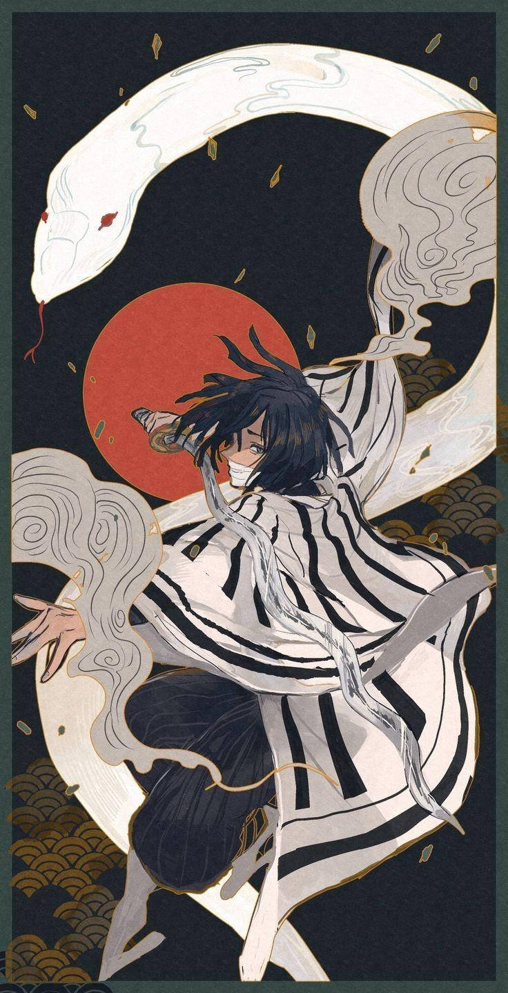 Obanai Iguro, Japanese art style, striped robe, HD Phone Wallpaper