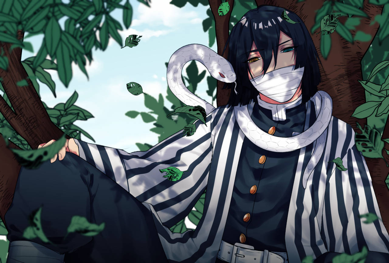 Obanai Iguro, white snake, lush green foliage, HD Desktop Wallpaper
