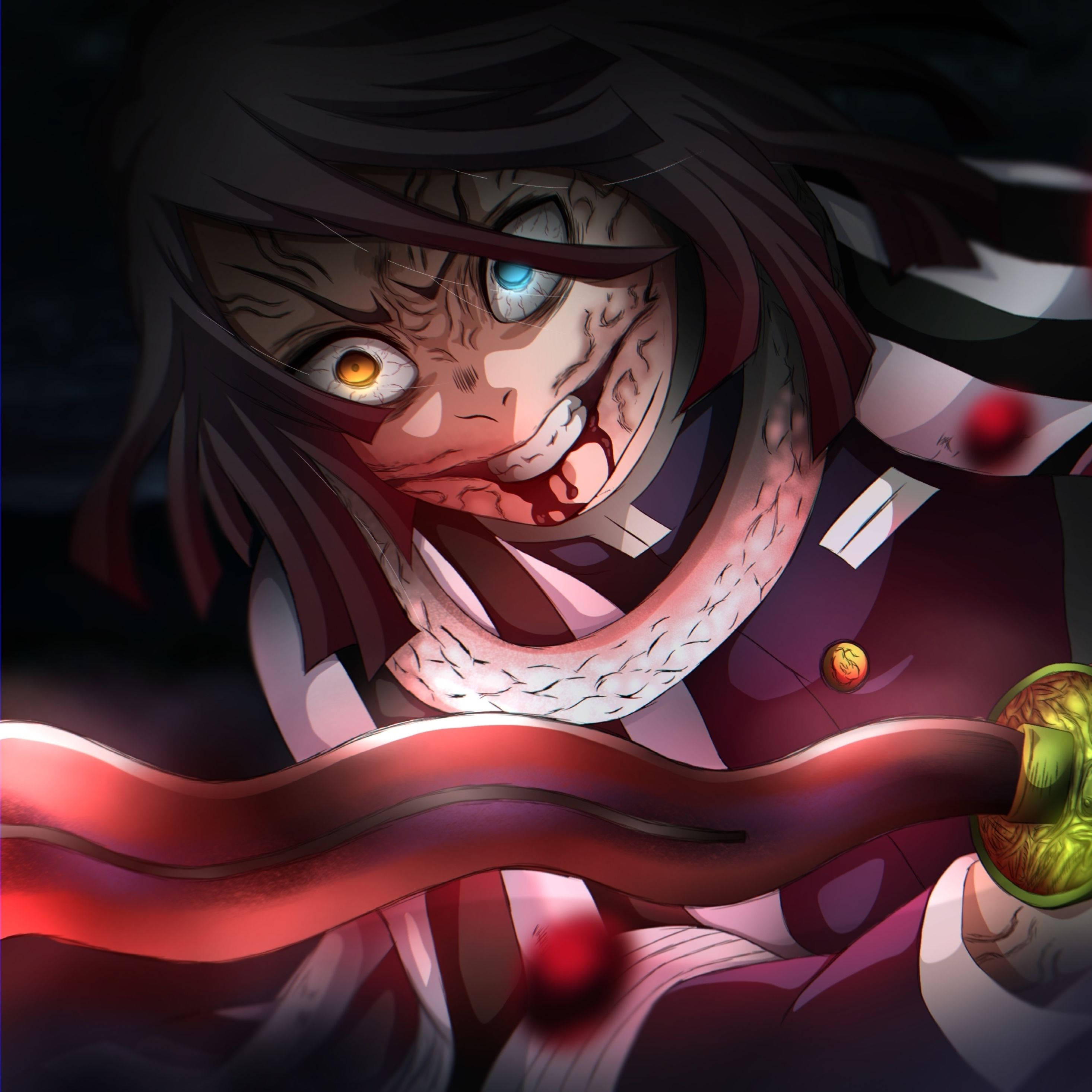 Obanai Iguro, bloody art, glowing eyes, 2K Desktop Wallpaper