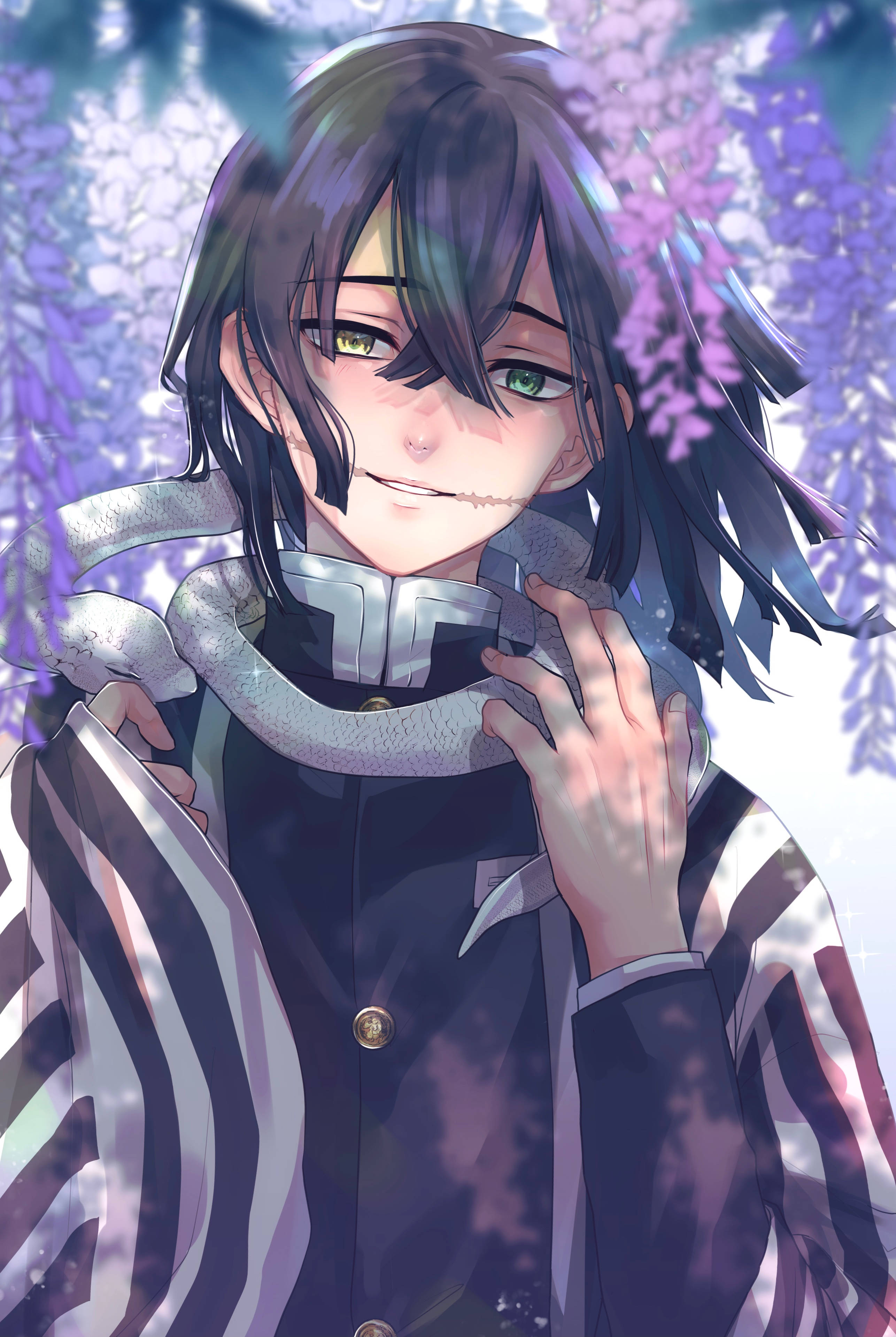 Obanai Iguro, green eyes, dark hair, 2K Phone Wallpaper