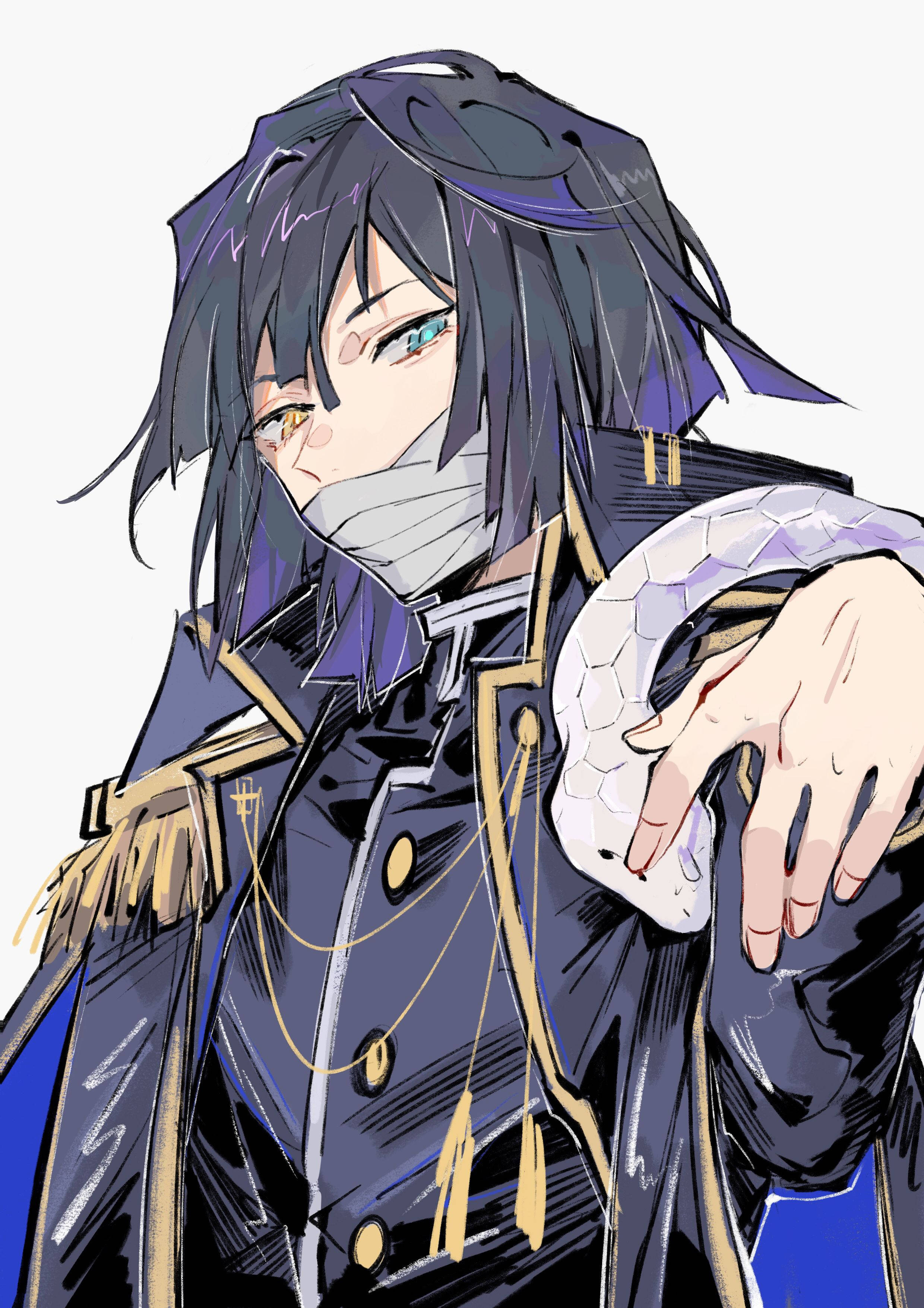 Obanai Iguro, black coat, white snake, 2K Phone Wallpaper