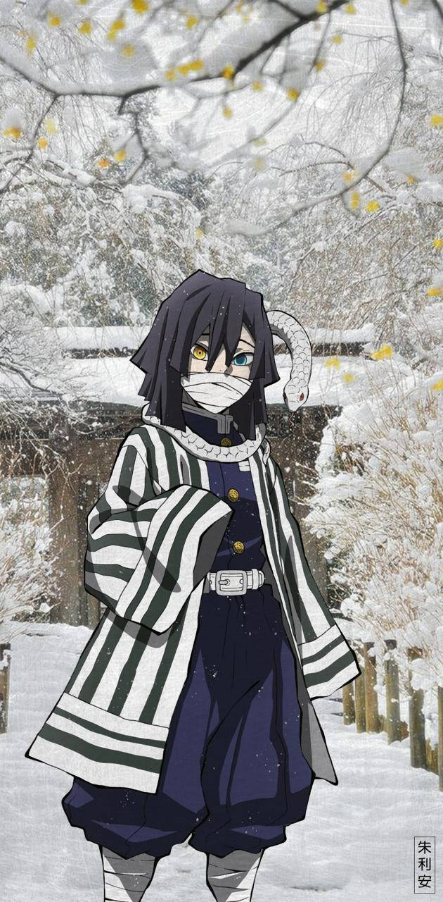 Obanai Iguro, striped coat, snowy forest, HD Phone Wallpaper