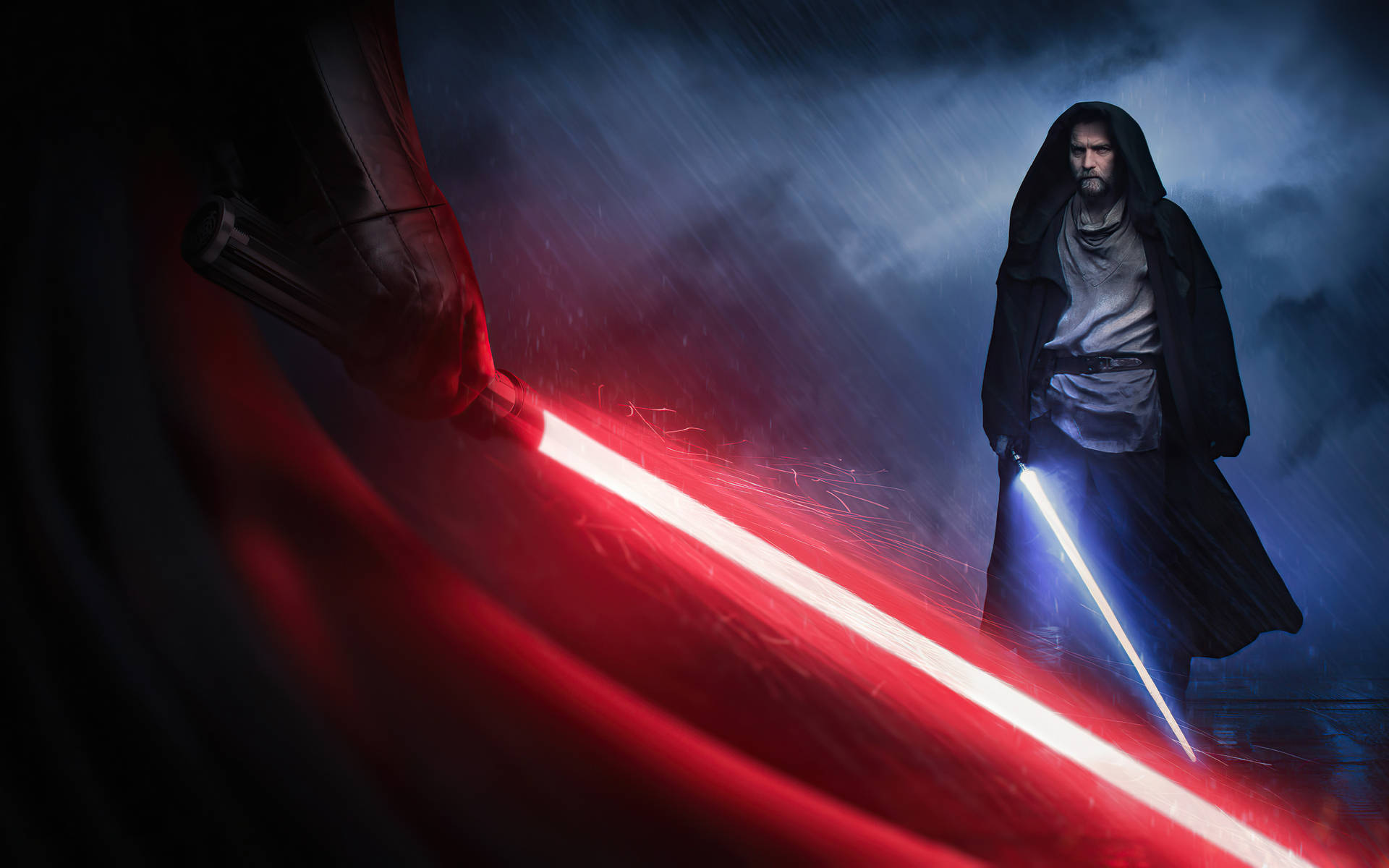 Obi Wan Kenobi, rain duel, stormy night, Full HD Desktop Wallpaper