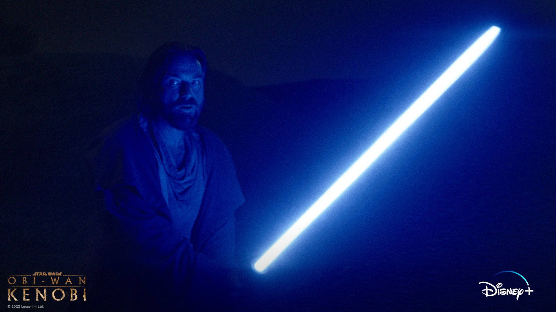 Obi Wan Kenobi, glowing blue lightsaber, dark setting, Full HD Desktop Wallpaper