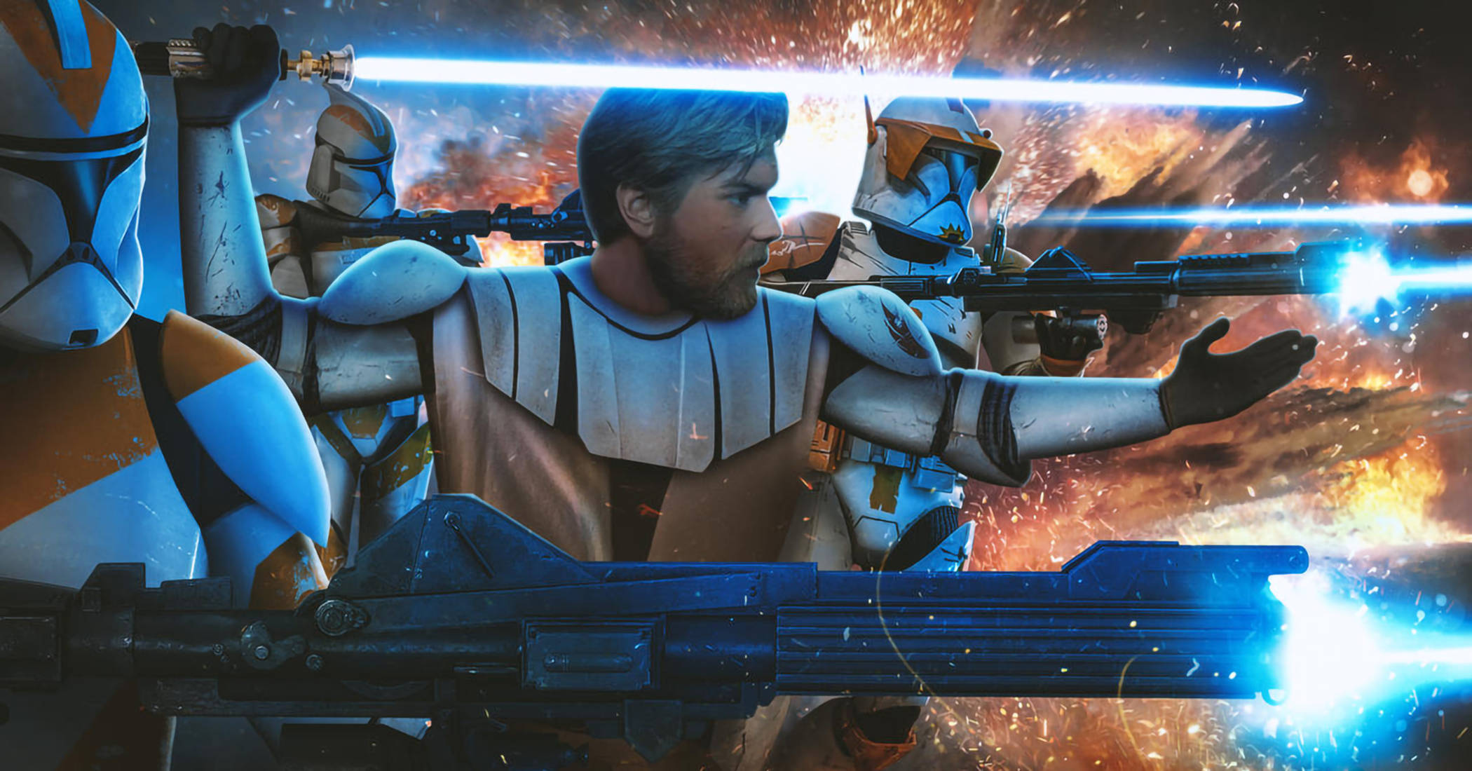 Obi Wan Kenobi, clone trooper, blue lightsaber, Full HD Desktop Wallpaper