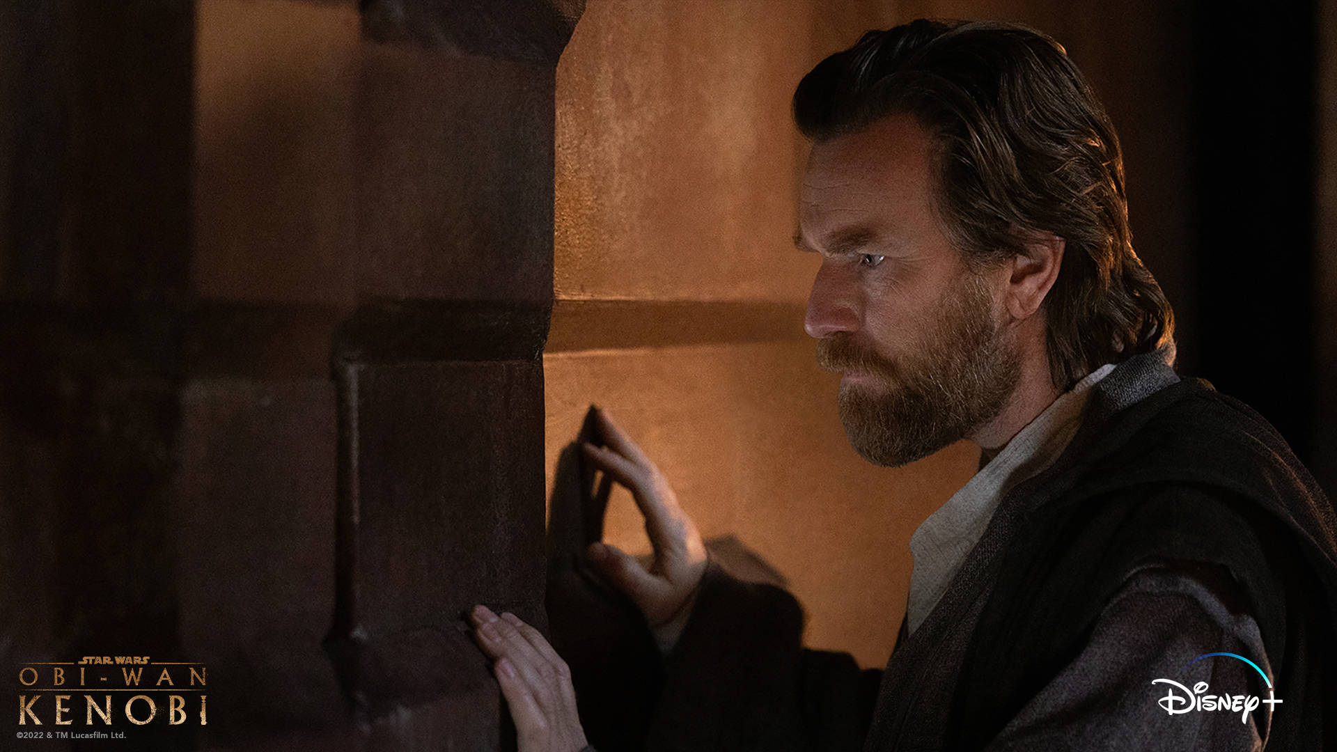 Obi-Wan Kenobi, dimly lit stone corridor, hands pressed against the wall, Full HD Desktop Wallpaper