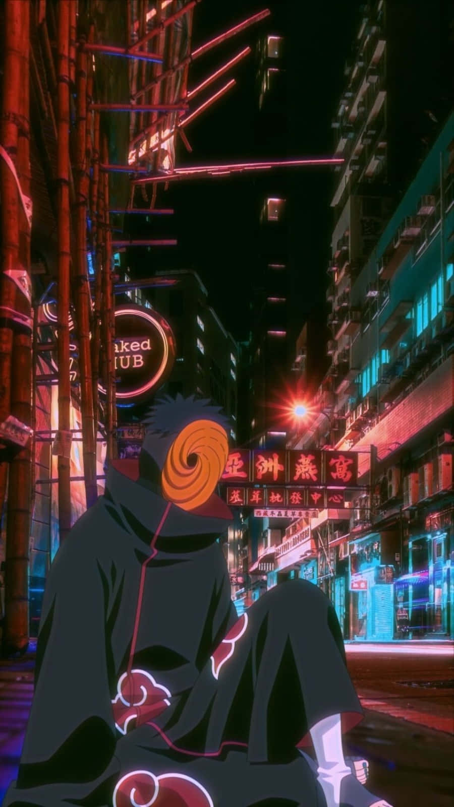Obito Aesthetic, spiral mask, neon-lit urban alley, HD Phone Wallpaper